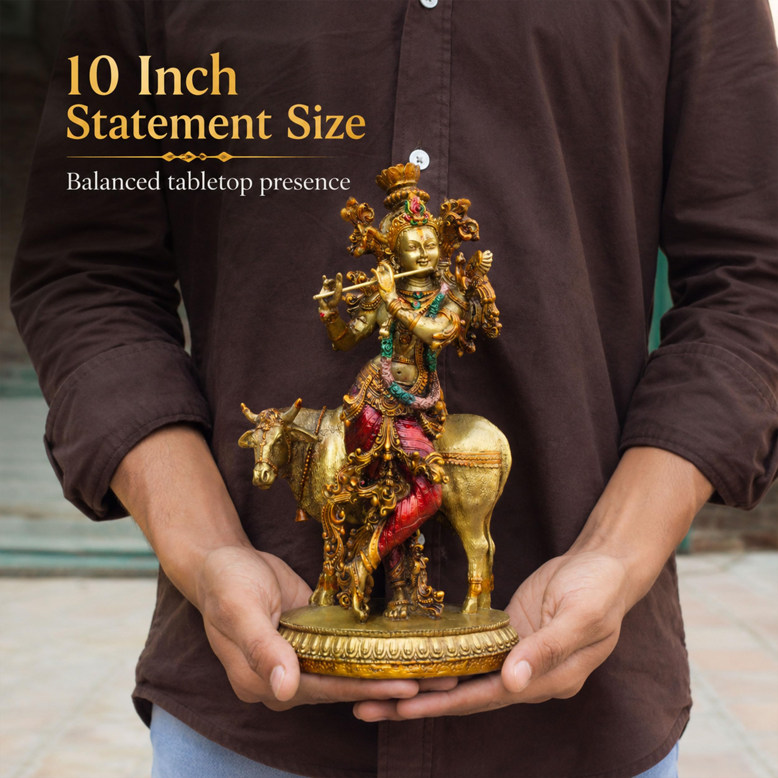 Govinda Gopala Statue, Lord Krishna and Cow Idol Showpiece, 10 Inch Double Coated Resin Antique Decorative Murti for Home Temple, Pooja Room & Gift — photo — 6 of 8