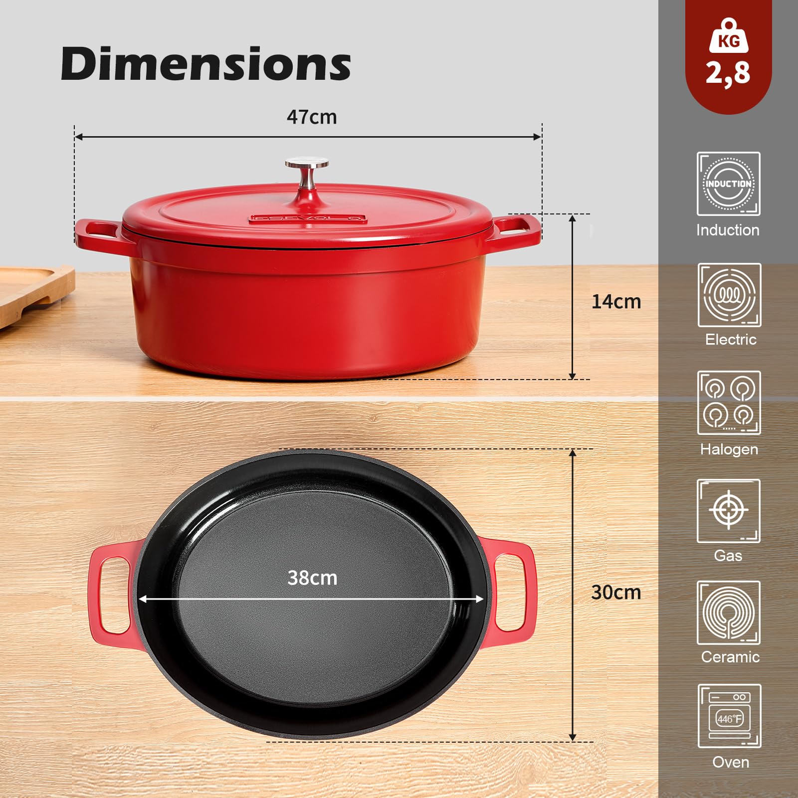 Bräter Oval mit Deckel groß Schmortopf Induktion 38 cm 11 L Brot Backen Dutch Oven Stil, leichter als Gusseisen Topf, Aluguss mit Keramik-antihaftbeschichtung, für Schmoren Braten, Rot