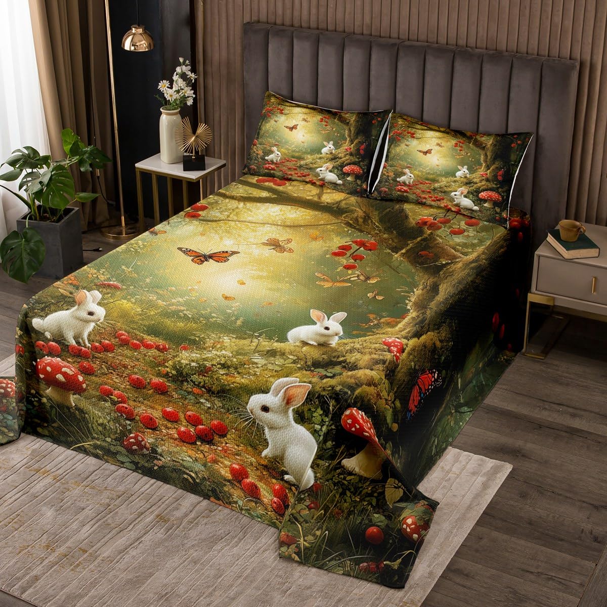 Homewish Cute Rabbit Comforter Set Twin Size,Red Mushroom Berry Bedding Sets 2Pcs for Kids Girls Boys Adult Room Decor,Wild Animal Plant Comforter Set Nature Jungle Coverlet Quilt,1 Pillowcase