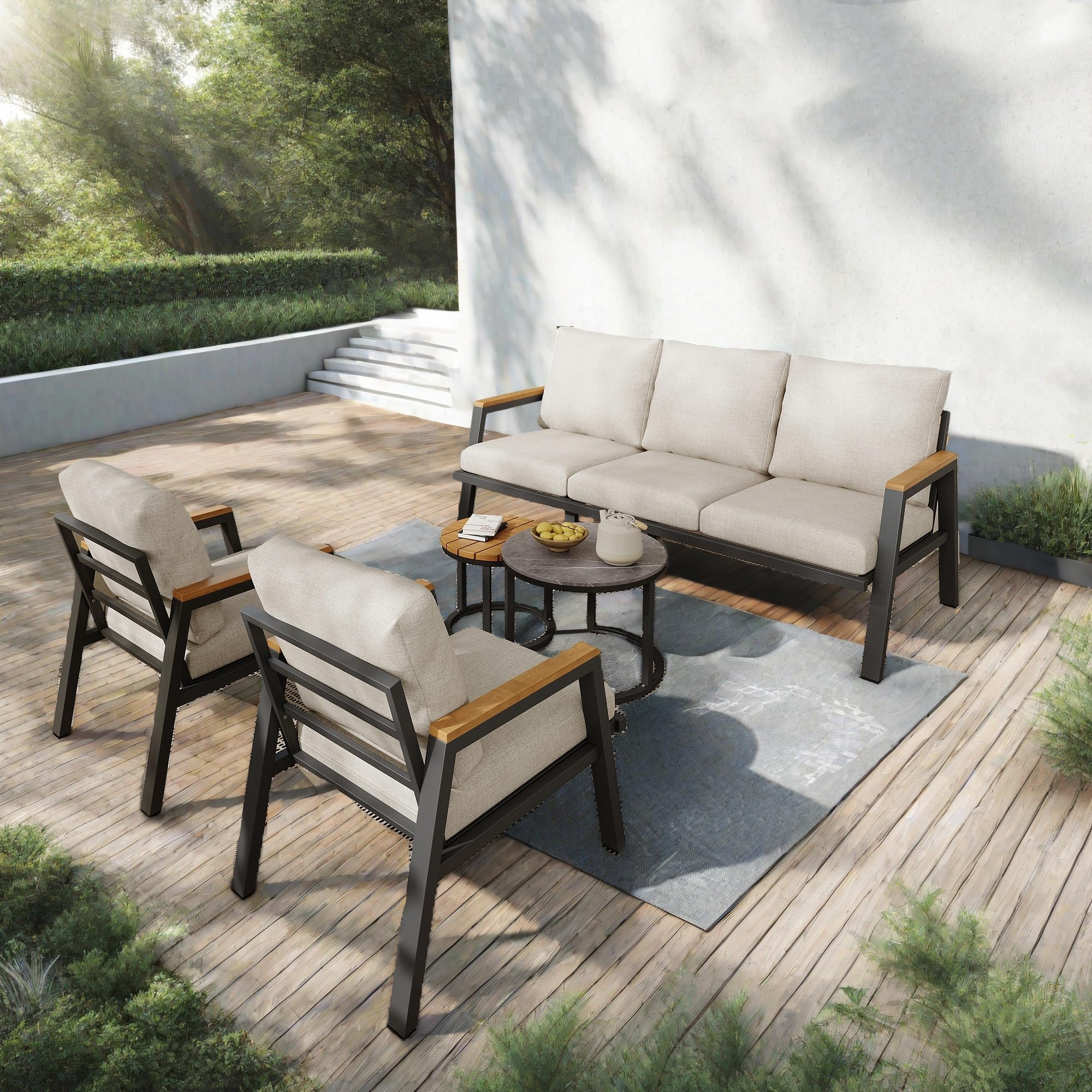 Juego de sillones de jardín, muebles de exterior, con cómodos cojines, sofá de 3 plazas, 2 sillones y 2 mesitas, cristal lacado mármol y madera plástica, acero galvanizado, beige