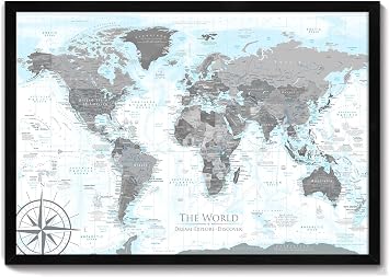 GEOJANGO Personalized Push Pin World Travel Map with Pins - Large Wall Art Stretched Canvas, Rolled Poster, or Framed Map - Endeavor Handmade Custom Map Pinboard Home Decor