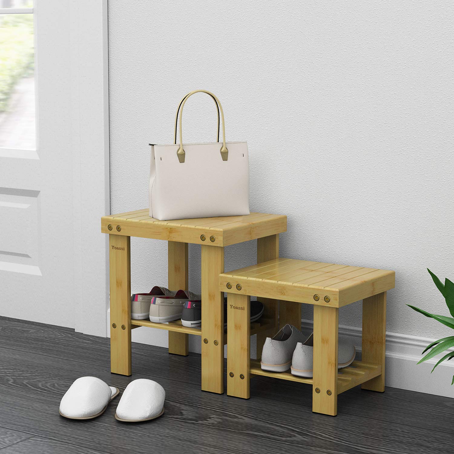 Yoassi - Taburete bajo de bambú Natural con Estante de Almacenamiento para niños y Adultos,31 * 24 * 34cm, Banqueta Multifuncional
