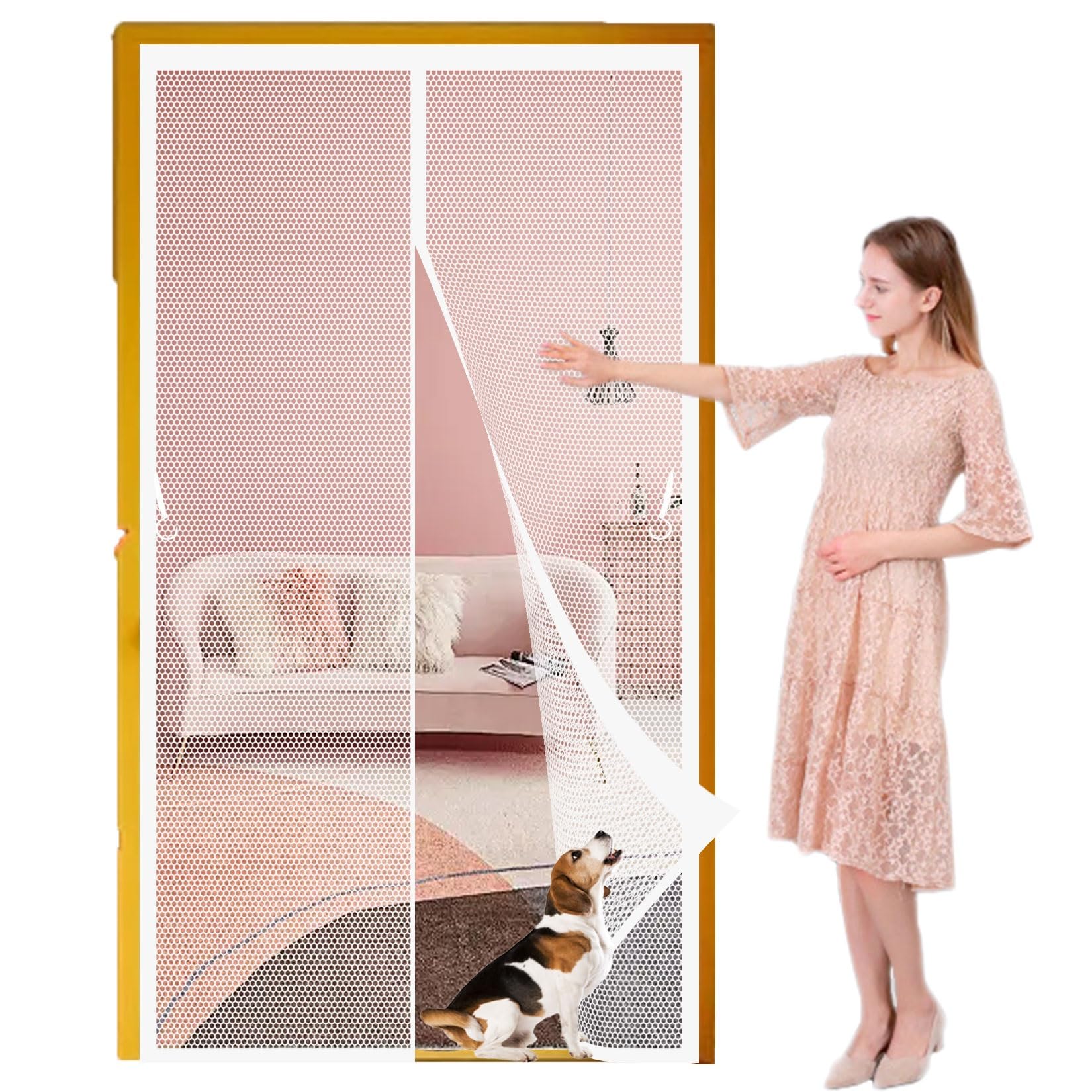 Liujyuan White Mosquito Door Screen 74 X 243 Cm Frame Hook & Loop, Powerful Magnets Door Fly Screen, Patio Curtain Insect Mesh Heavy Duty, Lets Fresh Air Pet And Kid Friendly,