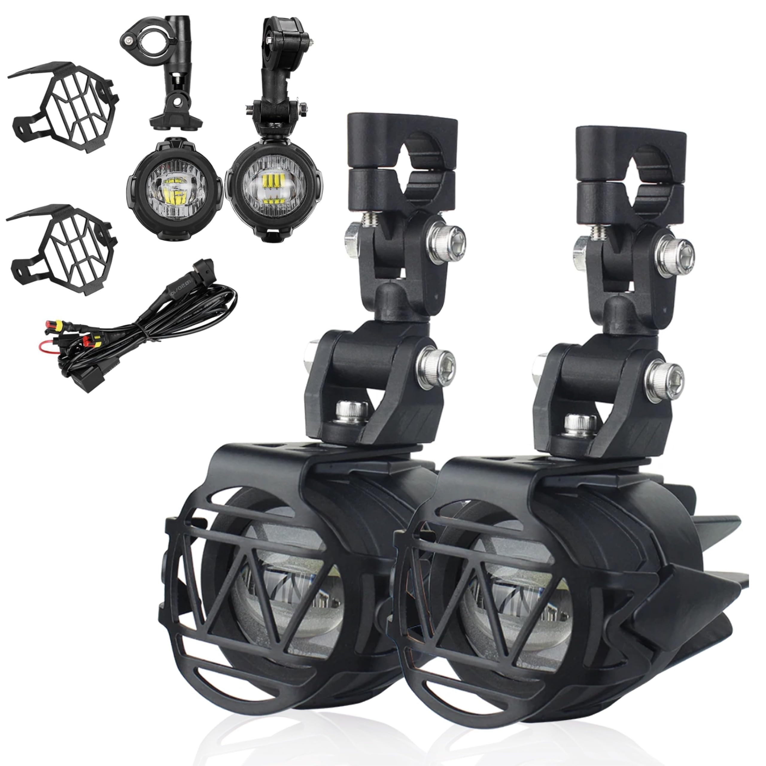 PASSION MOTO Luces adicionales LED antiniebla de largo alcance para moto quad 6000 lm potentes + rejilla de protección + cableado con relé CNC IP68