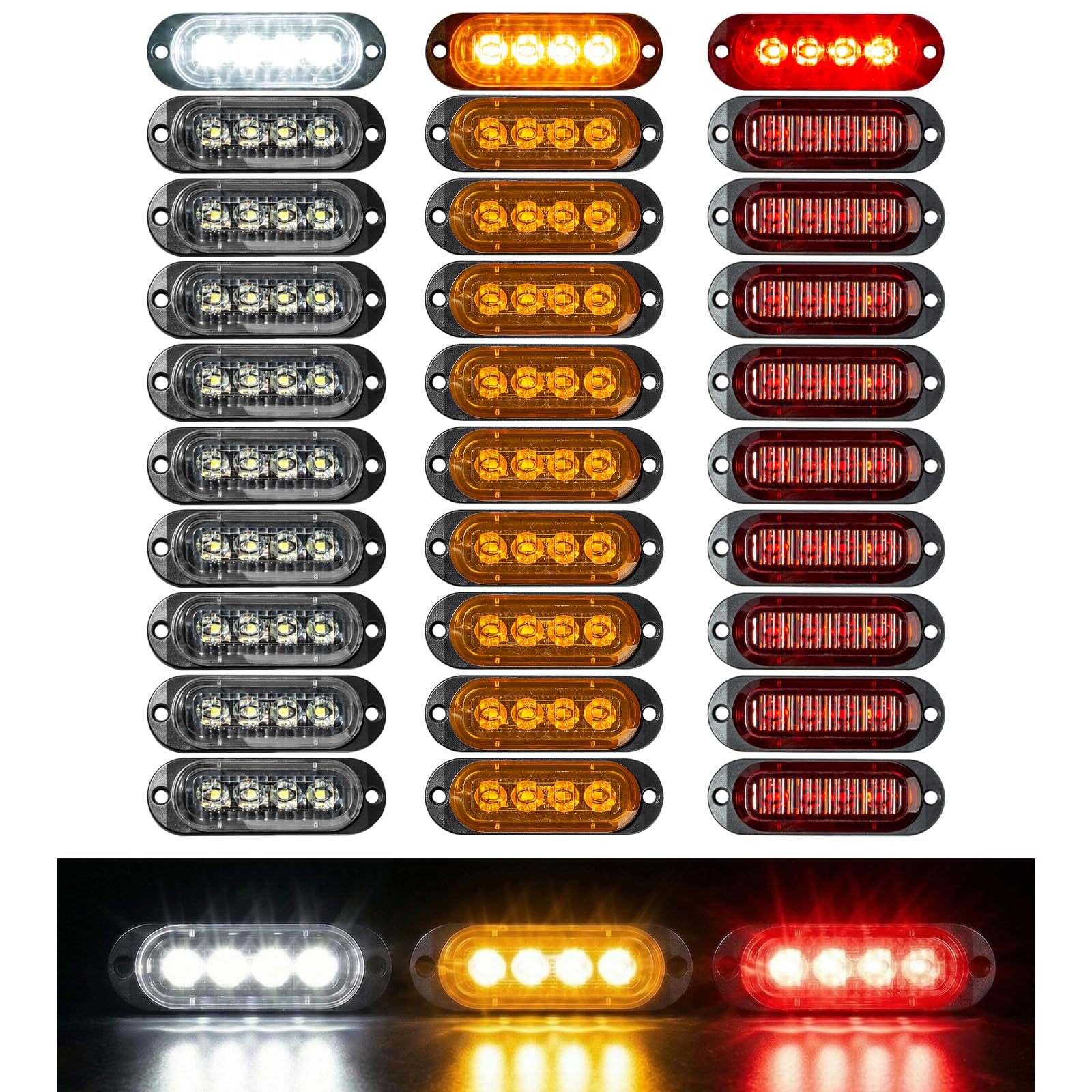 Catekro 30 Unidades Luces de Galibo LED, 12V - 24V, Amarillo+Rojo+Blanco | Luces Laterales de Posición con 4 LED para Camiones Furgonetas Remolques Coche Estancas e Impermeables