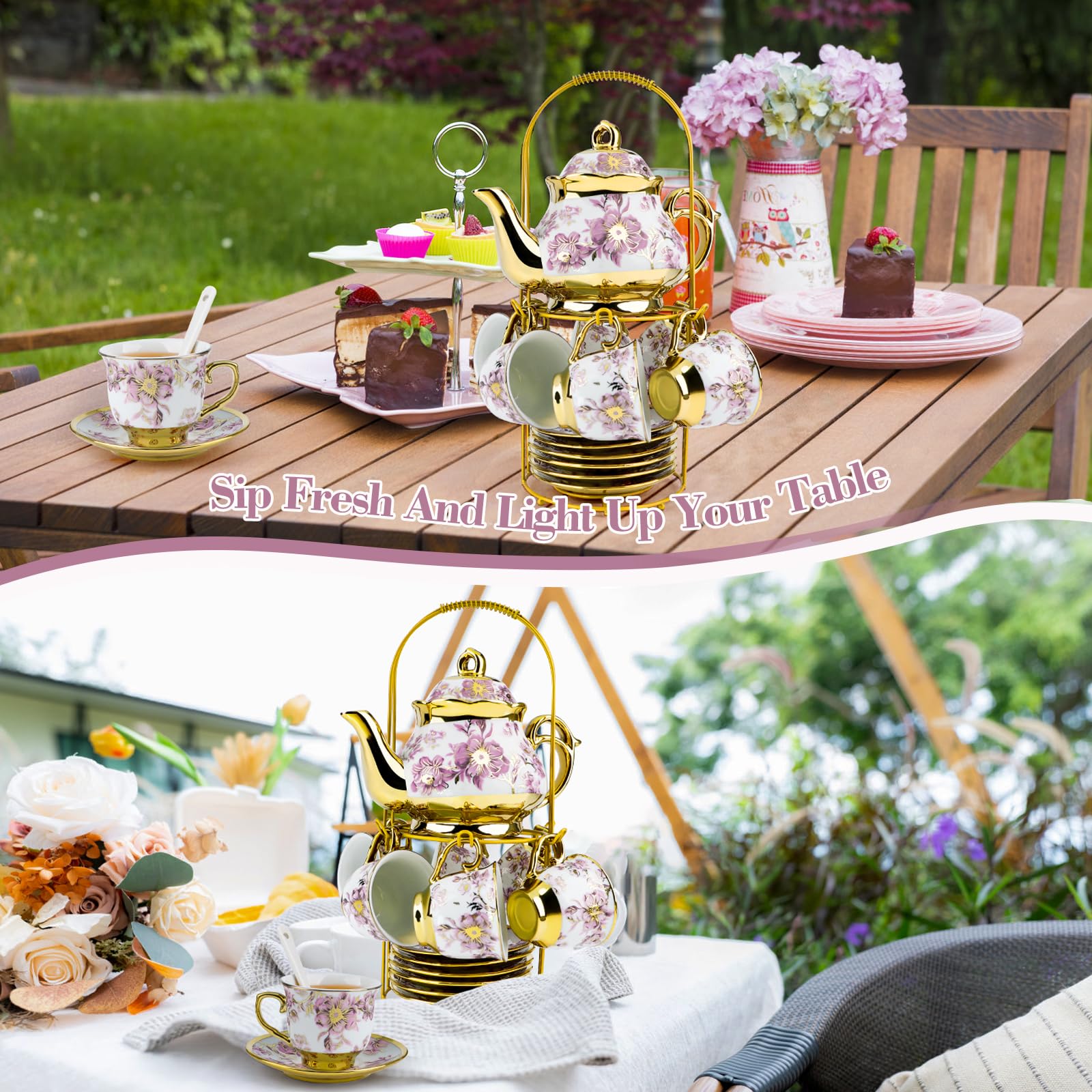 Juego de té de porcelana de 20 piezas con soporte de metal, regalo para adultos, juego de té de cerámica europea para adultos, juego de platillo de taza de té de flores para fiesta con pintura de