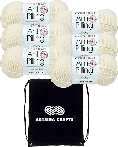 Premier Yarns DK Cream 1107-02 (6 madejas, el mismo lote de tinte) DK Light Worsted #3 - Hilo acrílico antibolitas para ganchillo y tejer con bolsa