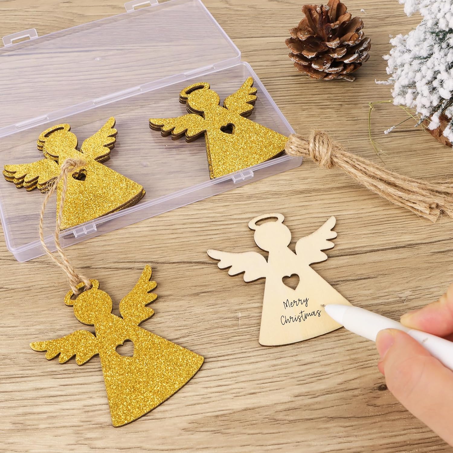 12pcs Glitter Gold Angel Ornaments for Christmas Tree Wooden Angel Tree Ornaments Christmas Decorations Bulk (Gold) - Image 3