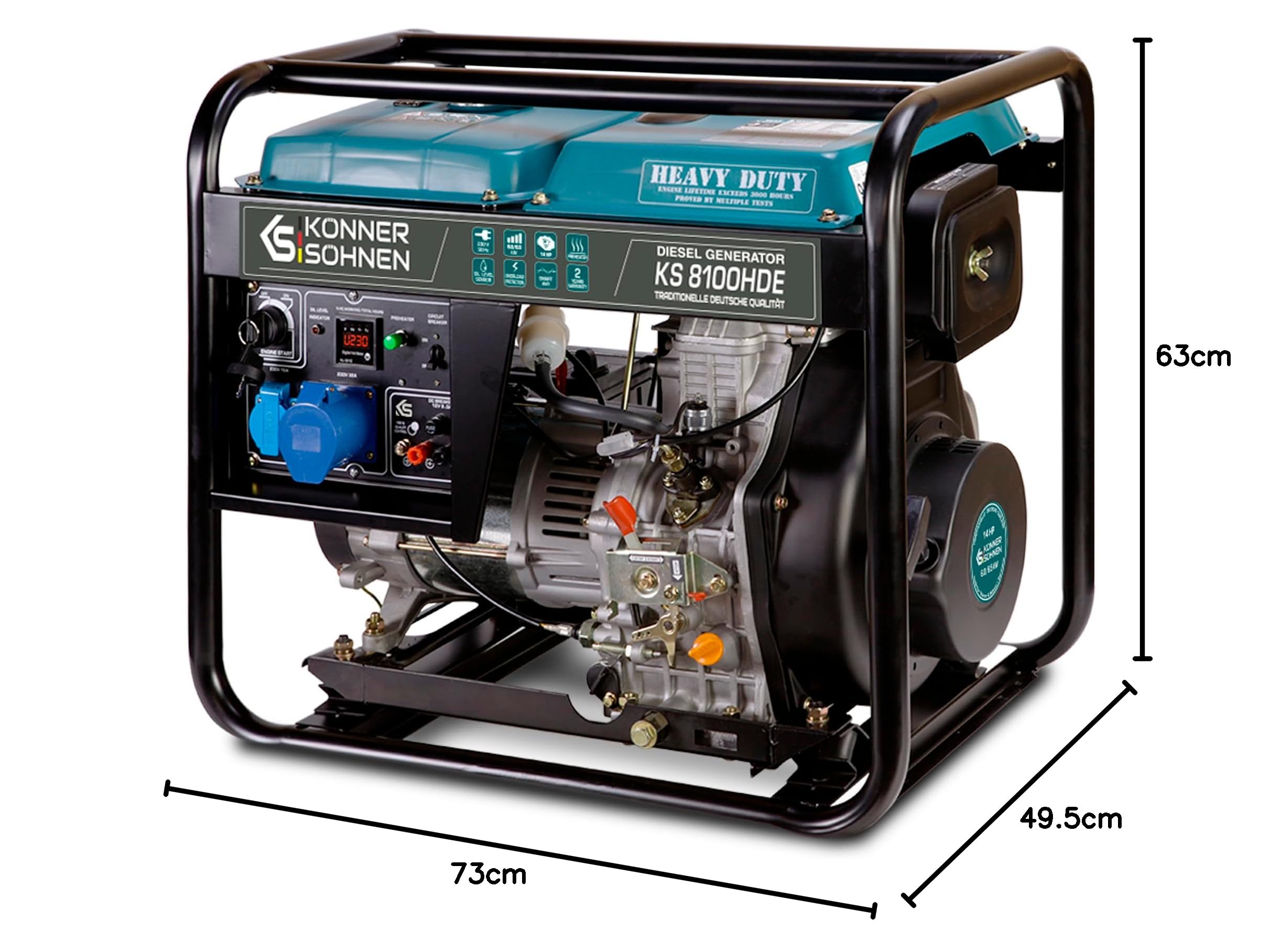 Könner & Söhnen KS 8100HDE Generador de corriente, 14 CV, motor diésel de 4 tiempos, arranque electrónico, precalentador, AVR ,1 x 16 A, 1 x 32 A (230 V) generador 6 kW