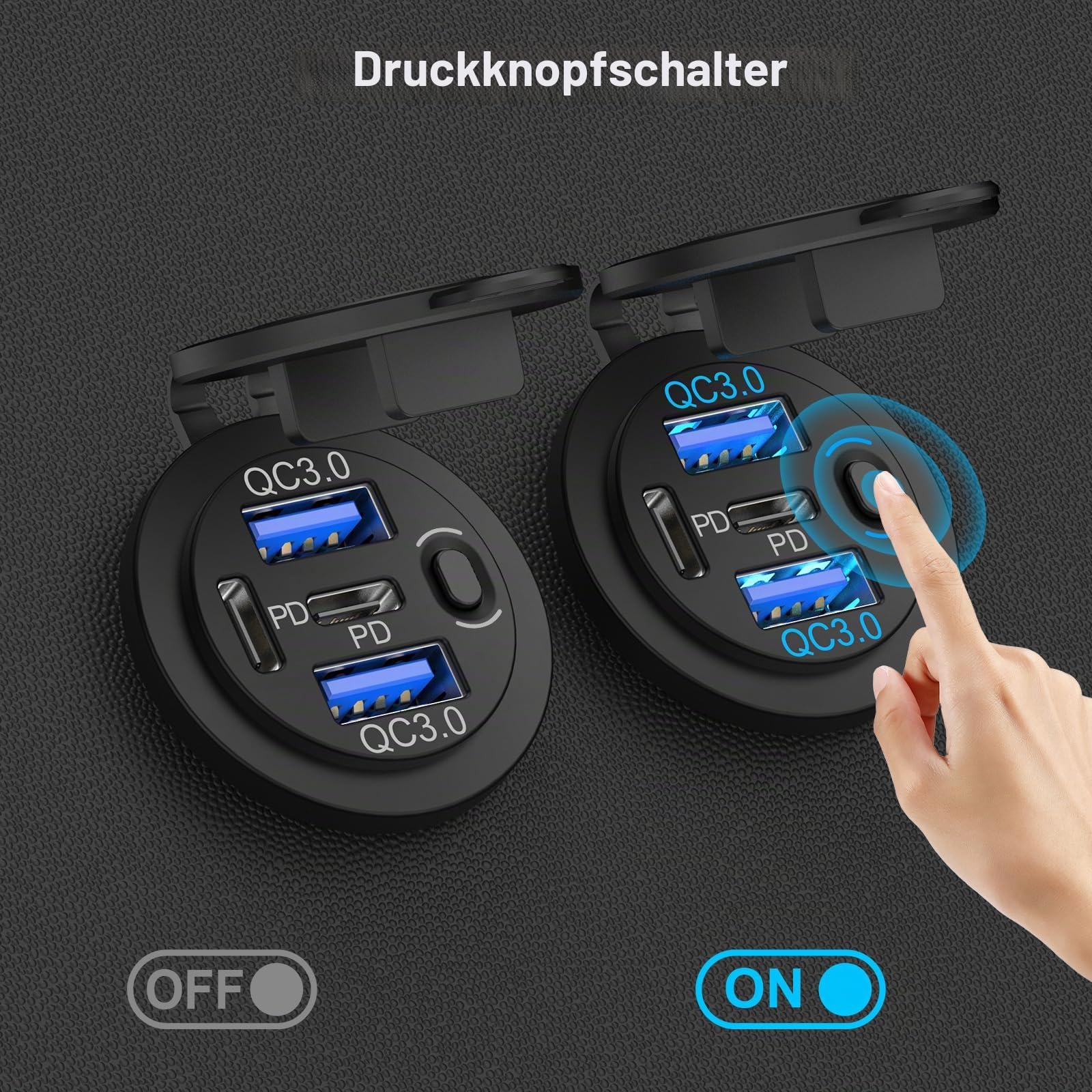 78W 12V USB-Steckdose Auto-Ladegerät, Superschnell Zweifach PD3.0 & QC3.0 Mehrere USB-Anschlüsse für Auto, USB C Zigarettenanzünder-Ersatz 12-Volt-Steckdose Wasserdicht für Marine Boot Motorrad