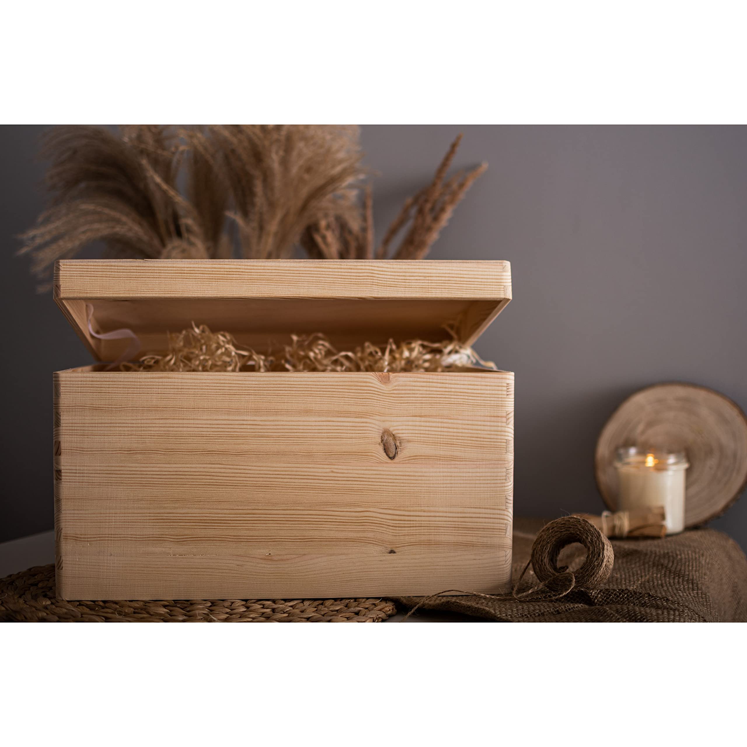 Unlackierte Holzkiste mit Deckel und Griffen für Aufbewahrung, Dekoration, Organisation, große natürliche Holzhandwerk, rustikale Wohnkultur, 40 x 30 x 24 cm