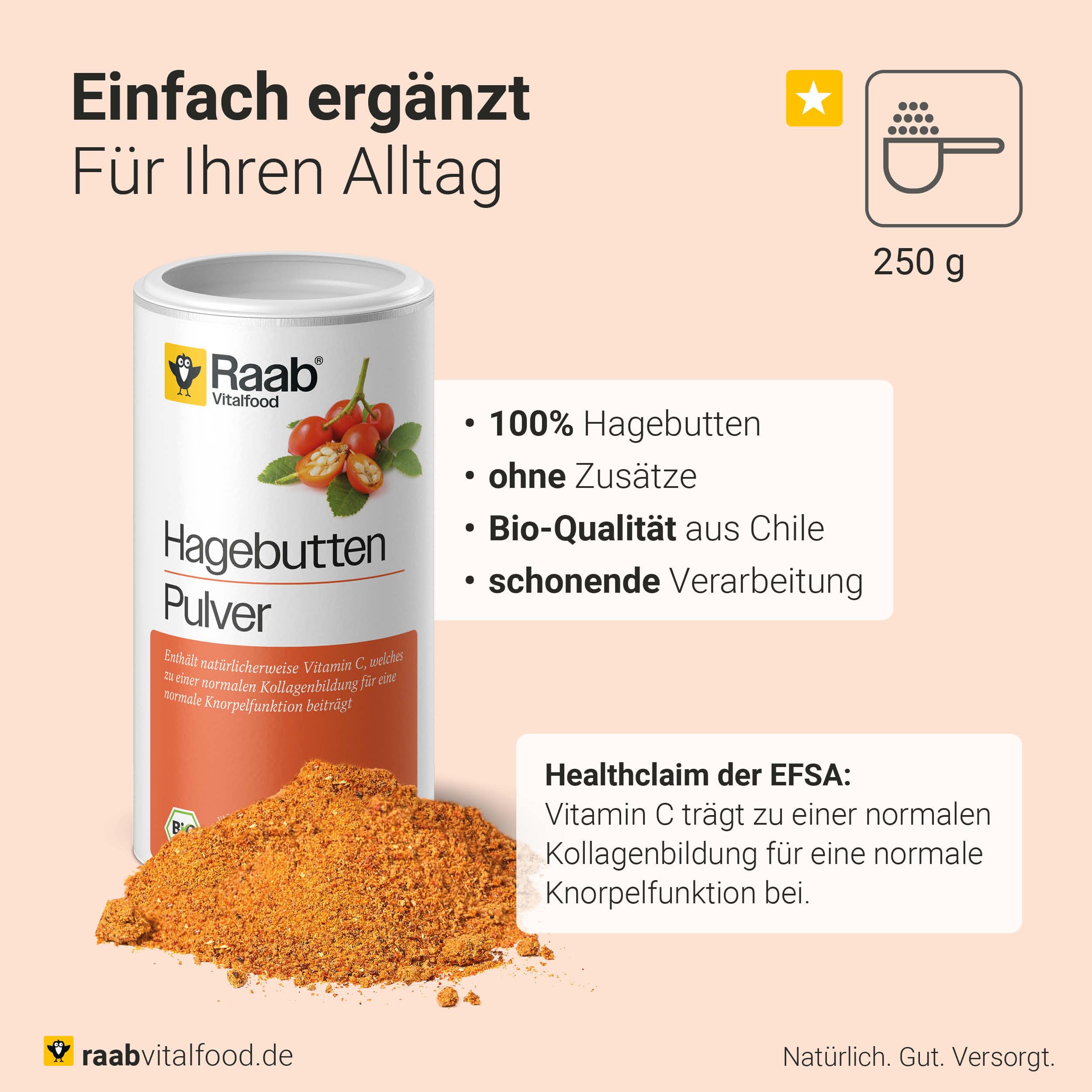 Raab Vitalfood® Bio Hagebutten Pulver (250 g) - Premium-Sorte AP-4® Hagebutte aus dem Süden von Chile, mit natürlichem Vitamin C für eine normale Kollagenbildung & Knorpelfunktion, ohne Zusätze