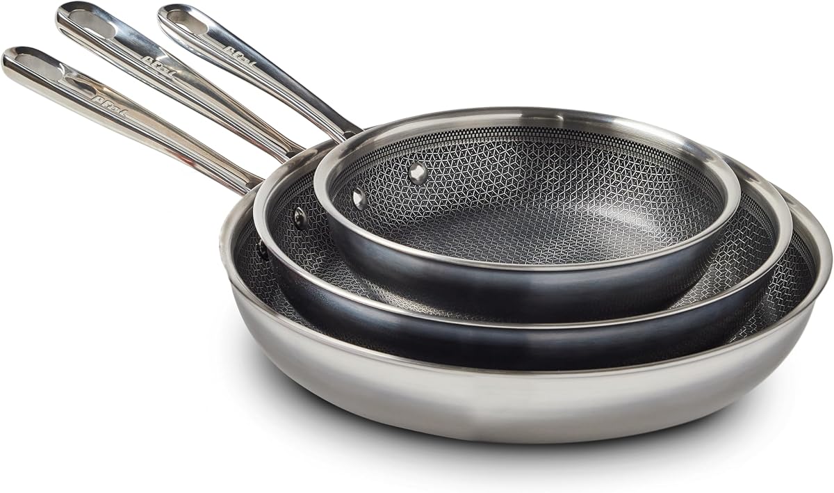 HybridMesh Juego de utensilios de cocina para freír de acero inoxidable de tres capas, 3 piezas, 8, 10,25, 12 pulgadas, apto para horno de inducción 500 F, apto para utensilios de metal, ollas y sartenes, apto para lavavajillas, necesita precalentamiento, plateado/negro