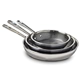 HybridMesh Tri-Ply Stainless Steel 3 Piece Frypan Cookware Set, 8, 10.25, 12 Inch, Induction Oven Safe 500F, Metal Utensil Safe, Pots and Pans, Dishwasher Safe, Needs Pre-Heating, Silver/Black
