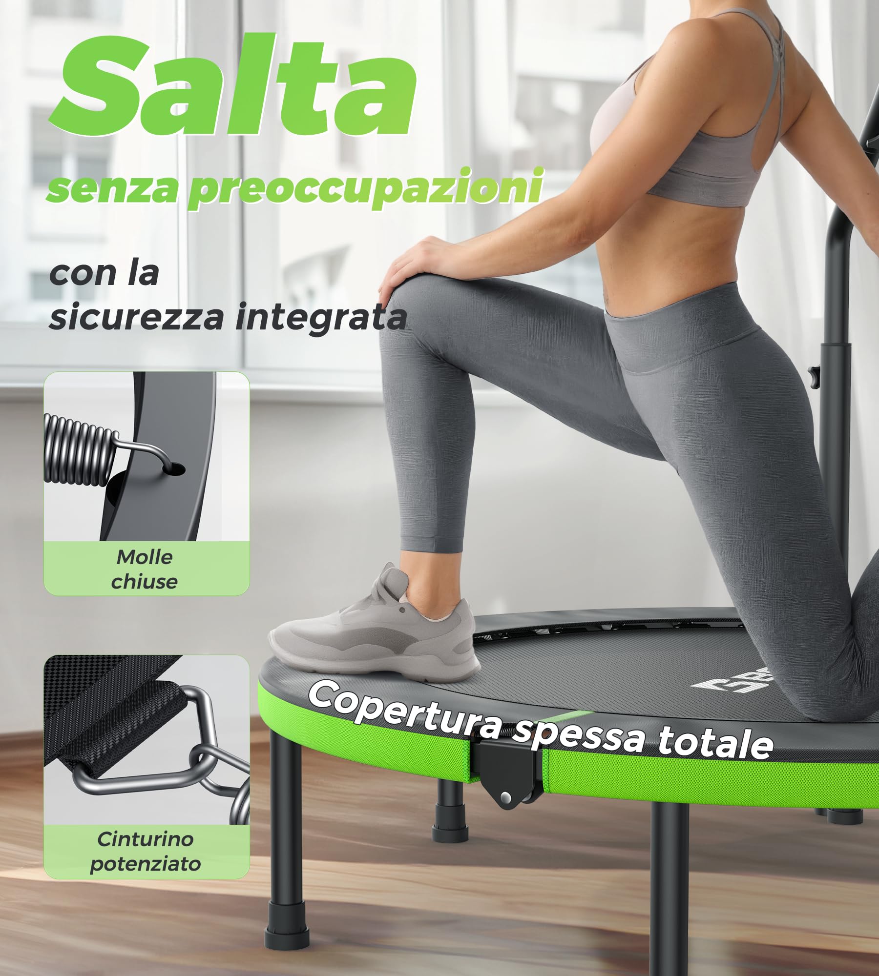 Trampolino da interno BCAN Fitness, diametro Ø 102/122 cm, mini trampolino elastico/a molla, adatto per adulti fino a 204/250 kg, con maniglie regolabili, silenzioso e a basse vibrazioni