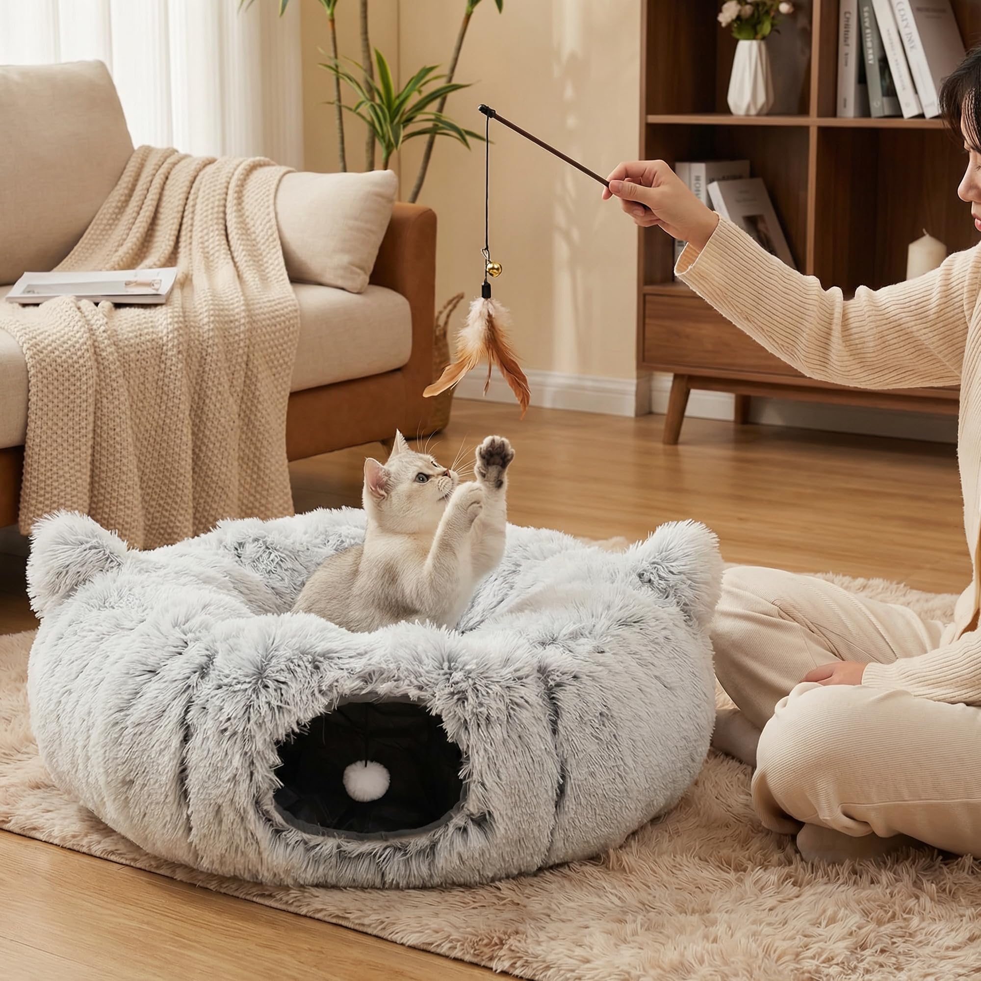 Cueva de cama para gatos con juguetes de hierba gatera, escondite para gatos Peekaboo y túnel de dona para gatos, túneles 3 en 1 para gatos de interior, cama plegable para gatos, lavable de