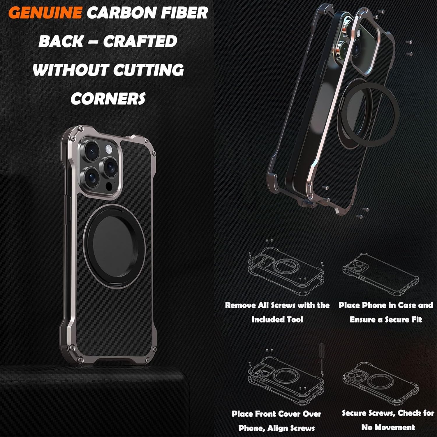 Metal Carbon Fiber Case for iPhone 16 Pro Max/16 Pro/16, Aluminum Alloy Hollow Back Heat Dissipation Design, Shockproof Drop Protection, Compatible with MagSafe 1500D(16 pro)