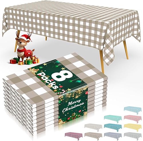 Smiry Paquete de 8 manteles desechables a cuadros, mantel de plástico impermeable de 54 x 108 pulgadas, manteles rectangulares a cuadros caqui y