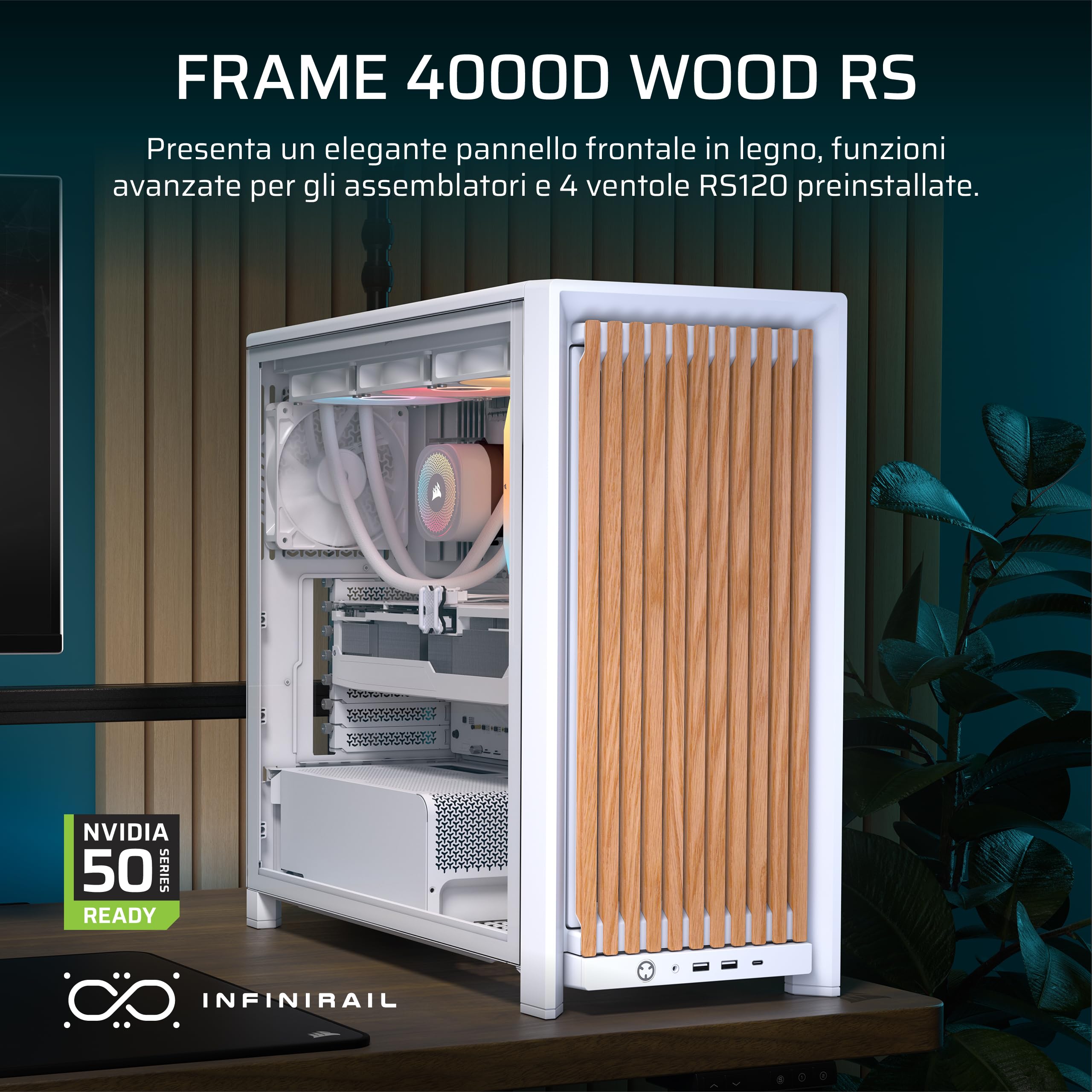 CORSAIR FRAME 4000D WOOD RS Case PC Mid Tower – Bianco e Rovere | Pannello Frontale Legno, 4 Ventole PWM RS120 Incluse, Compatibile Con Scheda Madre Rovesciata, Stabilizzazione Anti-Cedimento