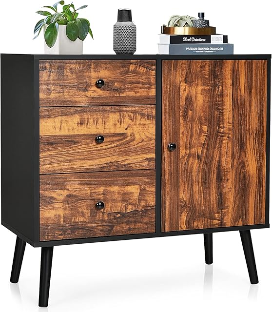 COSTWAY Industrial Storage Cabinet, Floor Standing Wooden Sideboard, Accent Side Cabinet Display Cupboard Organiser Unit for Living Room, Bedroom, Dining Room and Hallway (3 Drawers + 1 Door)