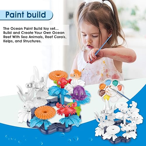 Miniatura 2 de KC Republic Ocean Reef Sea Creatures - Juego de 37 piezas de juguetes de pintura y construcción lavables al agua, kit de arte de actividades para