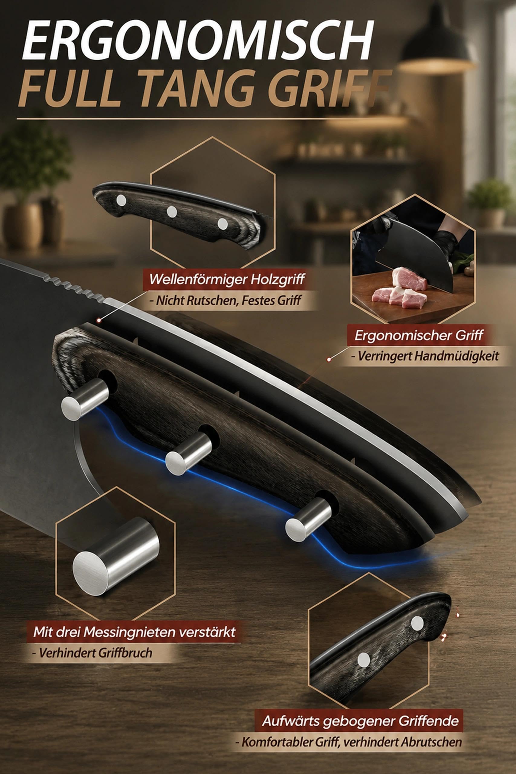 Dream Reach Cuchillos de Cocina, Juego de Cuchillos de Chef 6 Piezas Acero Inoxidable con un Afilador y Estuche para Carne, Verduras, Barbacoa y Exterior