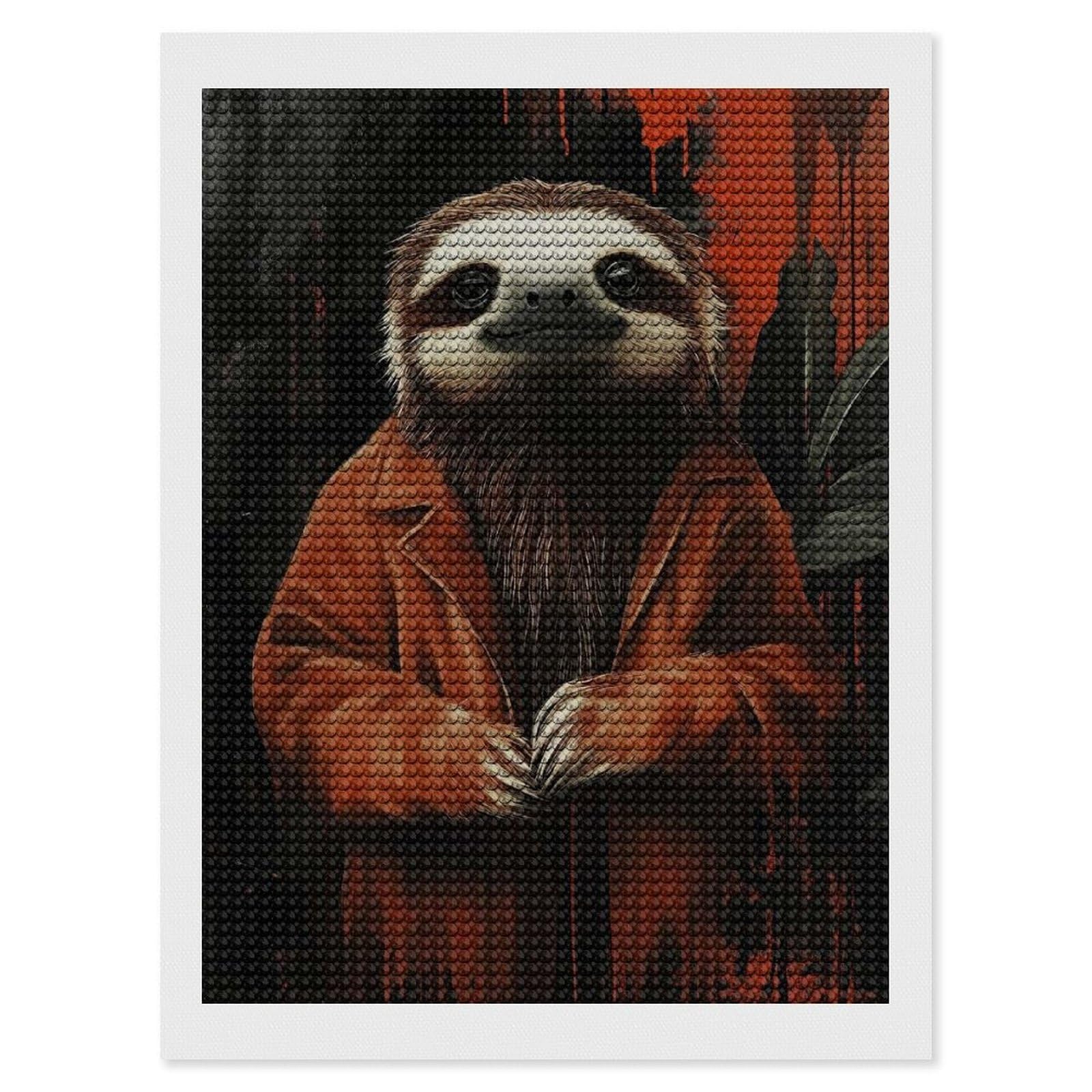 Junmoney Sloth in Red Coat Diamond Painting Set 12"x16", Holiday Gift Idea, for Creative Relaxation, Fun Craft Experience, Vintage Style Decor