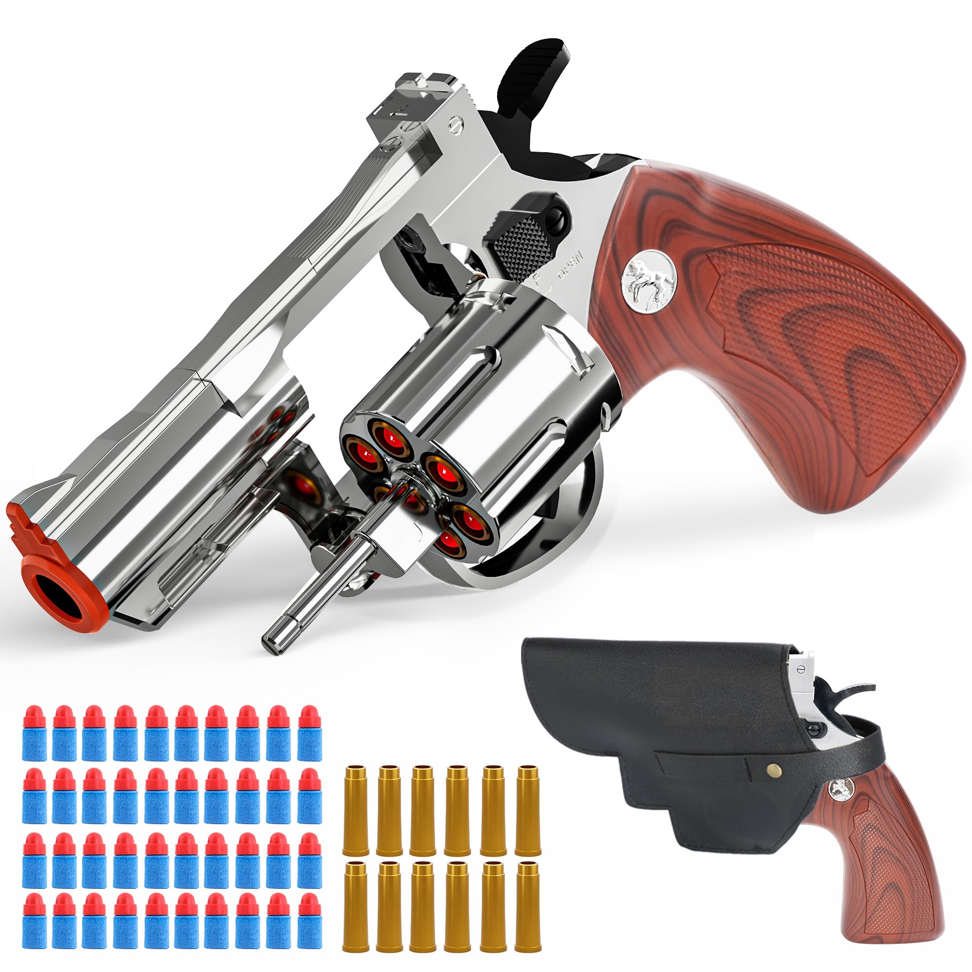 Revolver Toy Gun & Holster Set - EVA Foam Soft Bullets Play Sniper Pistol Cap Gun Western Cowboy Toys Gift Boys Small Hand Guns Rifle Blaster Kids Age 6 7 8 9 10 11 12 Silver&Realistic Wood Pattern