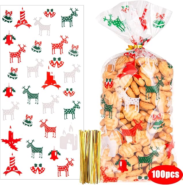 100pcs Christmas Cookie Bags, Clear Sweets Bags Cellophane Biscuits Treat Bags with 200 Twist Ties for Xmas Party Favour