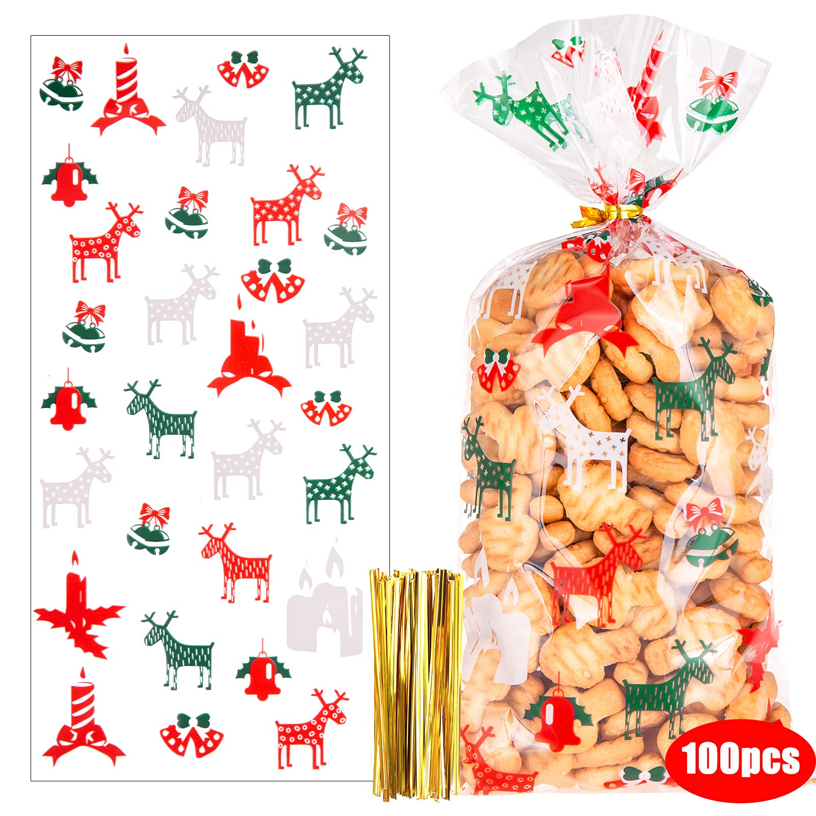 100 Sacchetti Caramelle Natalizi Trasparenti In OPP Con 200 Fascette, 27x13 Cm, 4 Motivi Natalizi (Babbo Natale, Fiocchi, Campane), Ideali Per Biscotti E Regalini