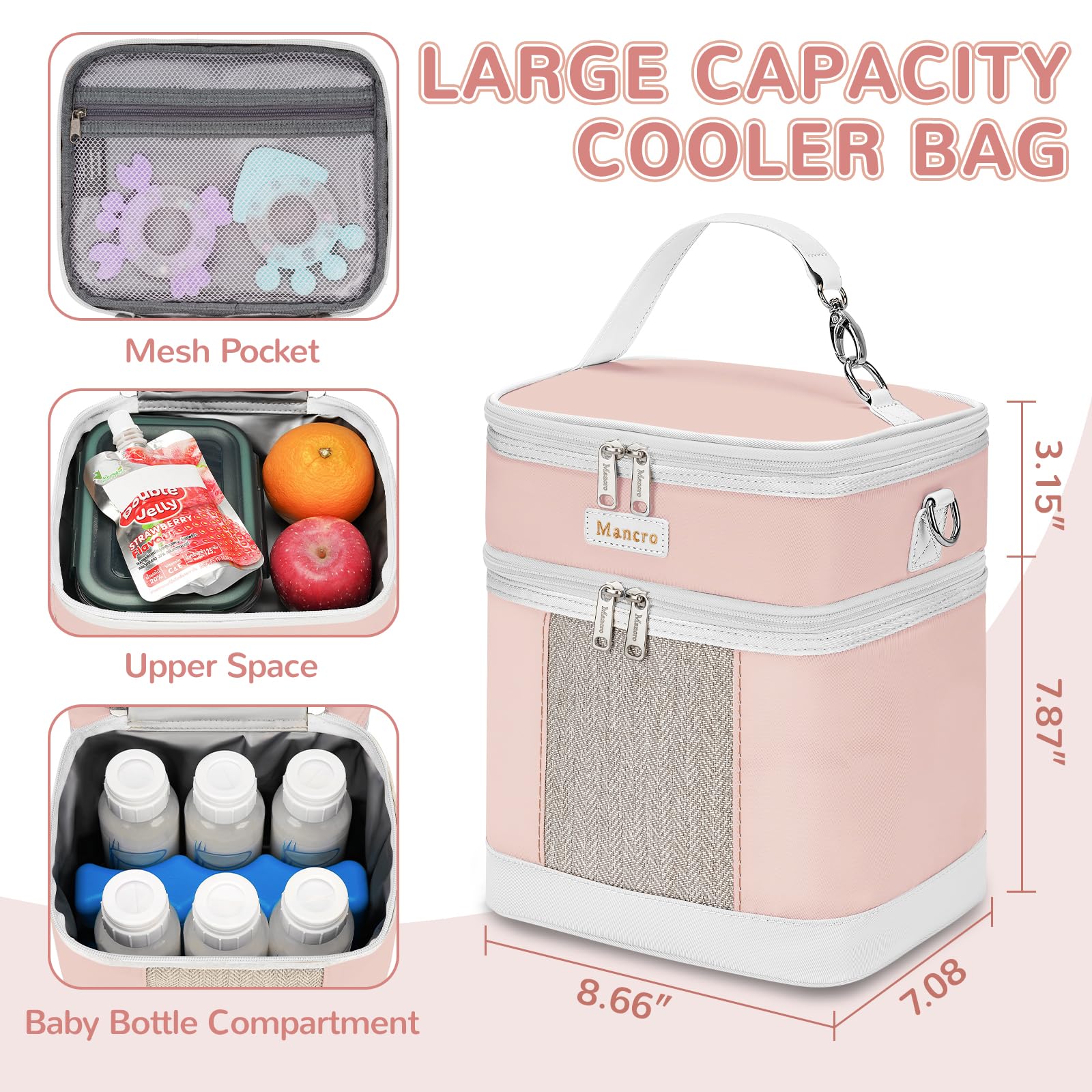 Mancro Muttermilch-Kühltasche mit Eisbeutel, doppellagig, für 6 Flaschen bis zu 266 ml, isolierte Flaschentaschen für Kindertagesstätte und Reisen, Rosa