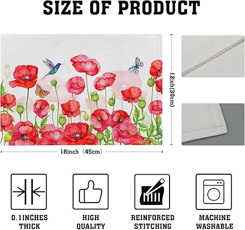 Miniatura 4 de Juego de 4 manteles individuales con estampado de amapola roja de acuarela, manteles individuales florales con flores botánicas para el hogar y la