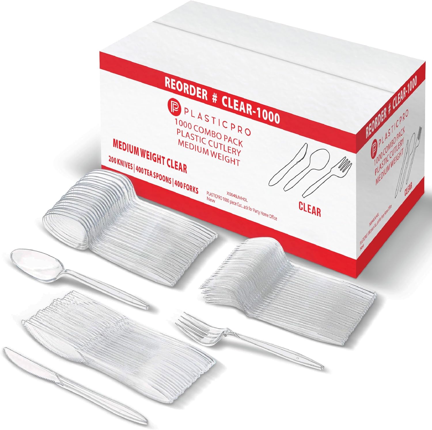 PLASTICPRO 1000 piece Cutlery Combo set of Clear Plastic Forks, Spoons, and Knives Disposable Cutlery Bulk Pack Variety Pack for Party Home Office