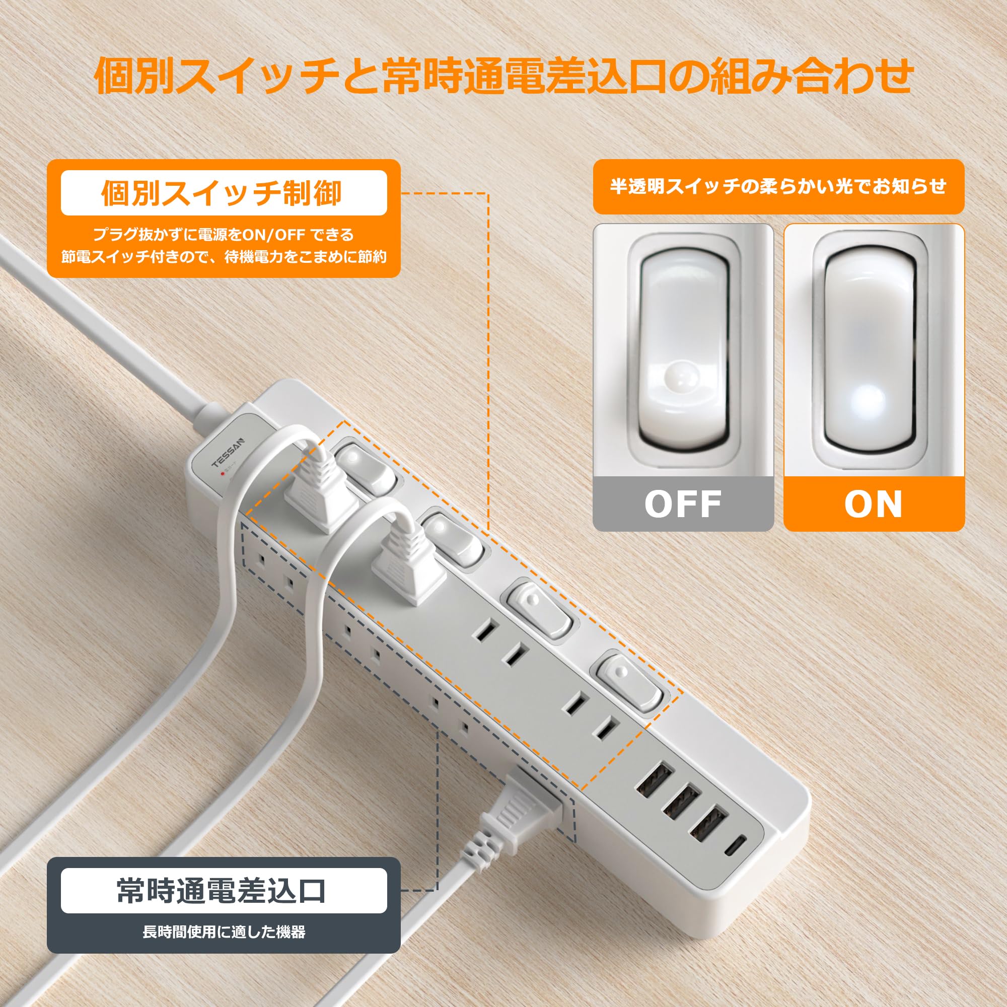 TESSAN 電源タップ 延長コード 2m 薄型プラグ たこあし コンセント usb付き テーブルタップ 8個AC口 1個Type-Cと3個Type-Aポート タコ足配線 隙間 蛸足コンセント 分岐 4つ個別スイッチと4つ常時通電付き 省エネ ほこりシャッター 雷ガード 壁掛け/卓上に ホワイト
