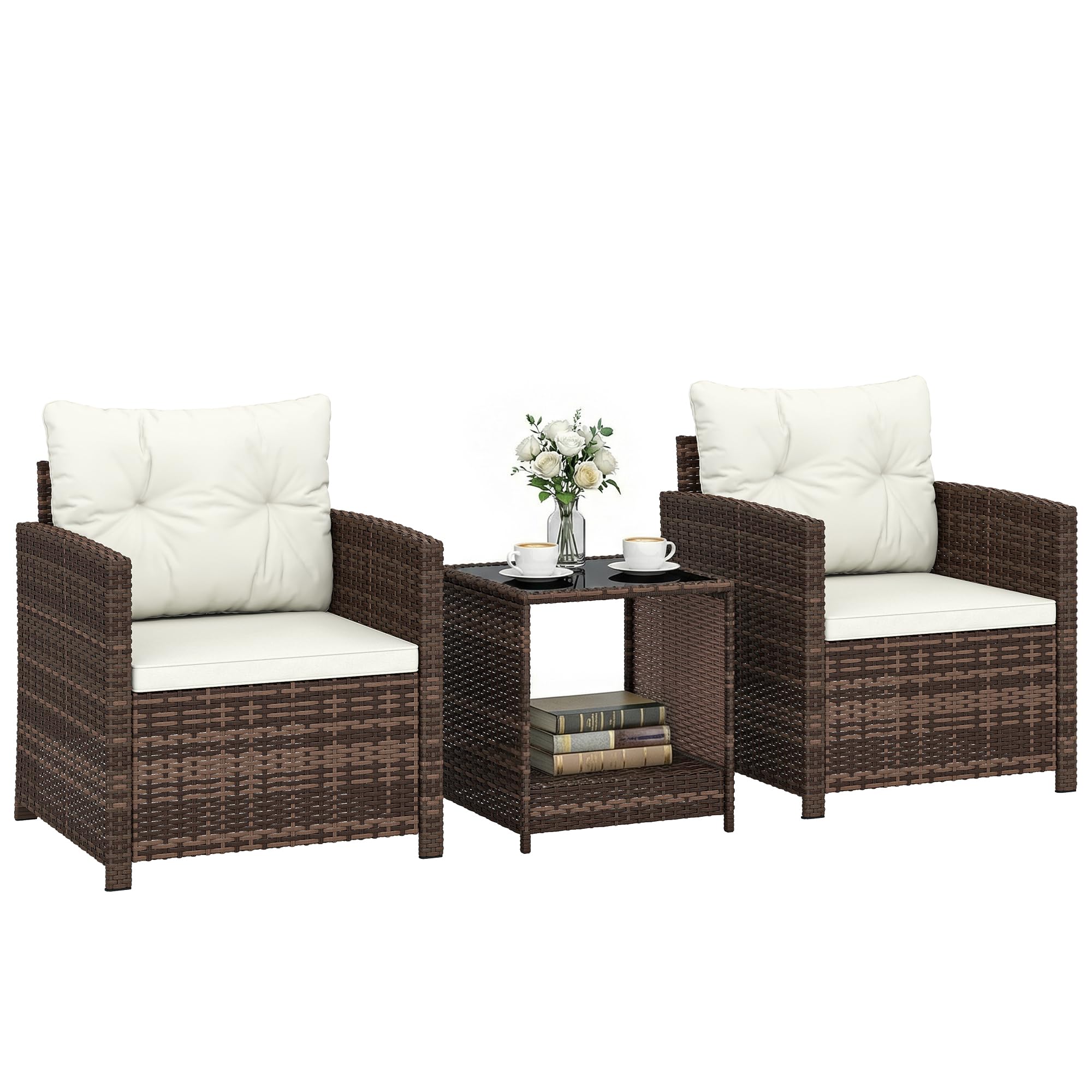 Outsunny Set da Giardino 3 Pezzi in Rattan PE e Acciaio, Set 2 Poltrone con Cuscini e Tavolino da Caffè con Piano in Vetro, Set di Mobili da Balcone, per Patio e Cortile, Marrone e Crema
