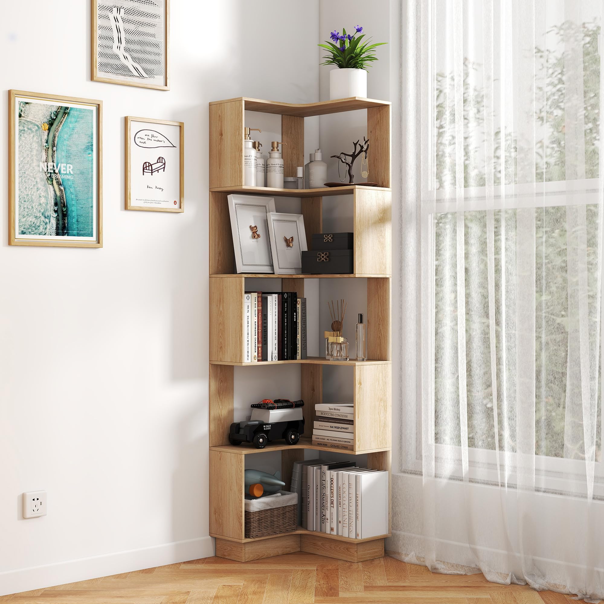 Nisorpa Bibliothèque d'angle à 5 niveaux sur pied, étagère d'angle haute en bois, vitrine pour salon, chambre à coucher, bureau
