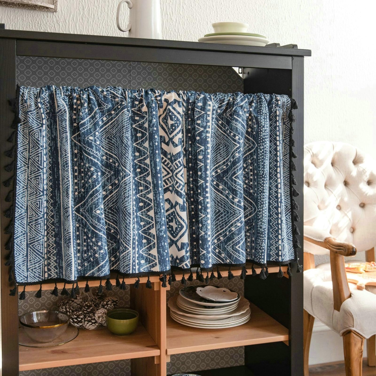 Rideau brise-bise cuisine coton lin géométrique bohème de 150x45 cm