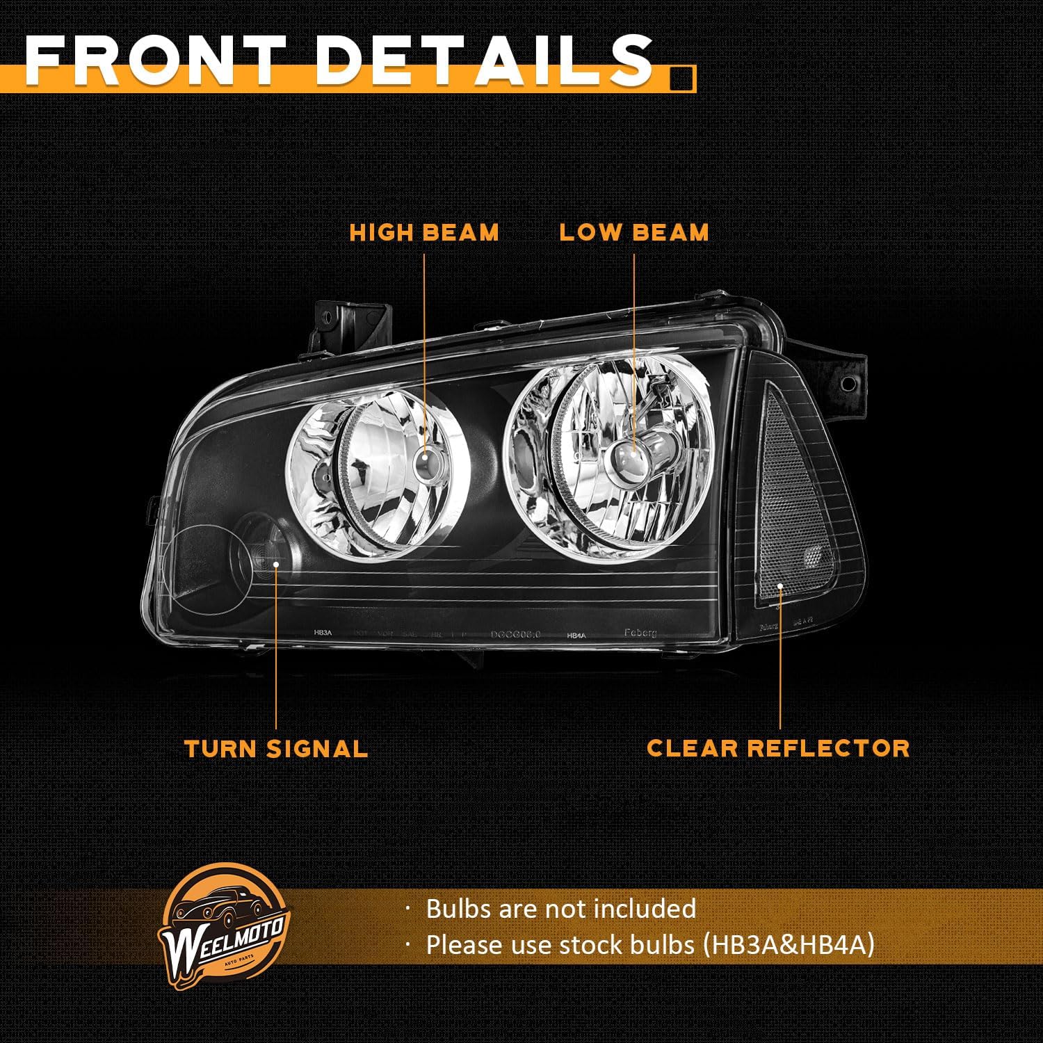 WEELMOTO for 2006-2010 Dodge Charger Headlights Assembly with Black Corner Singal Light, Headlamp Replacement for 06-10 Dodge Charger 4-Door Sedan Models Headlight with Side Marker Corner light