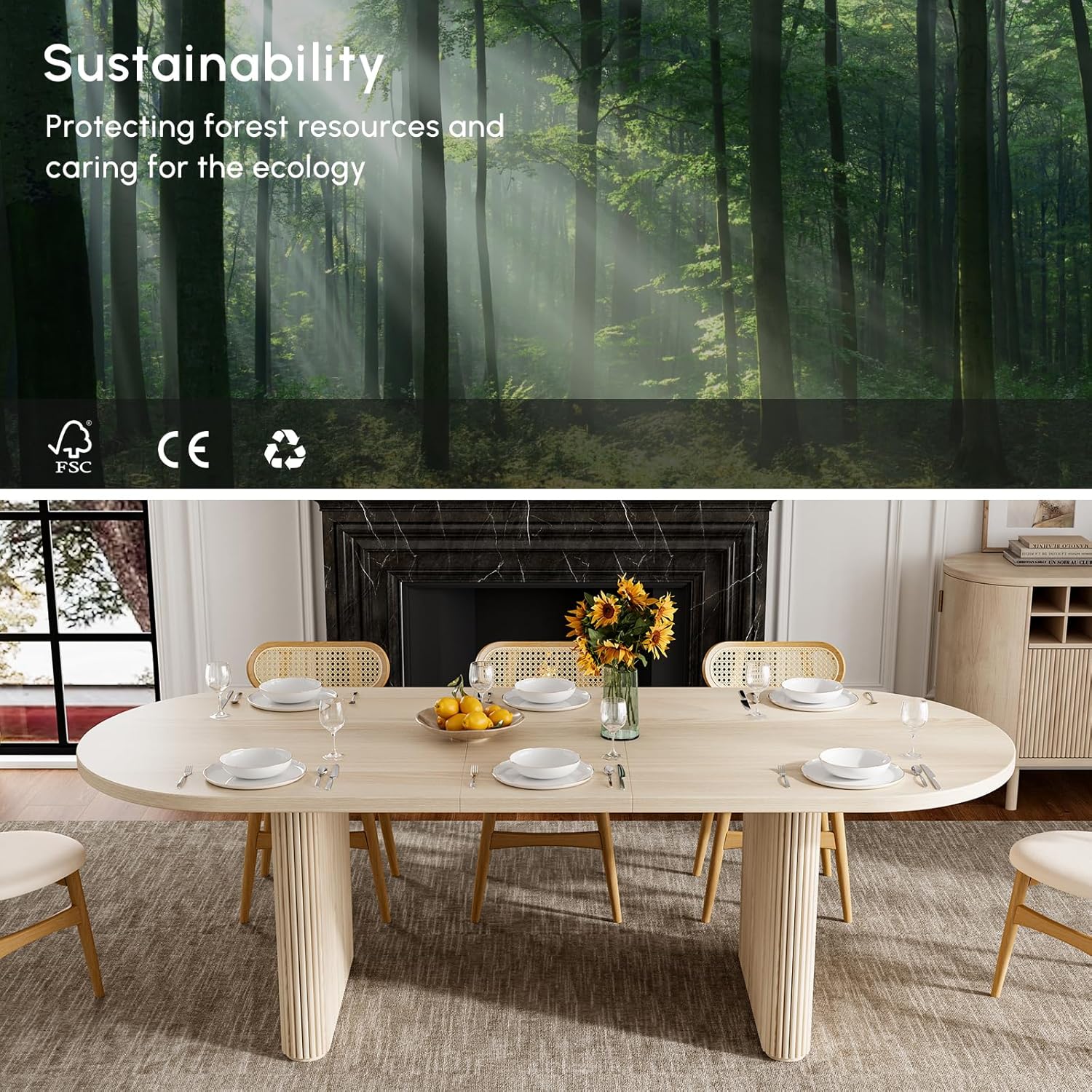 homary Oval Dining Table for 4-6, 79"-94" Extendable Kitchen Table, Japandi Wooden Dining Room Table with Pedestal Base (Whitewash) Whitewash 79"-94" (seats 6-10)