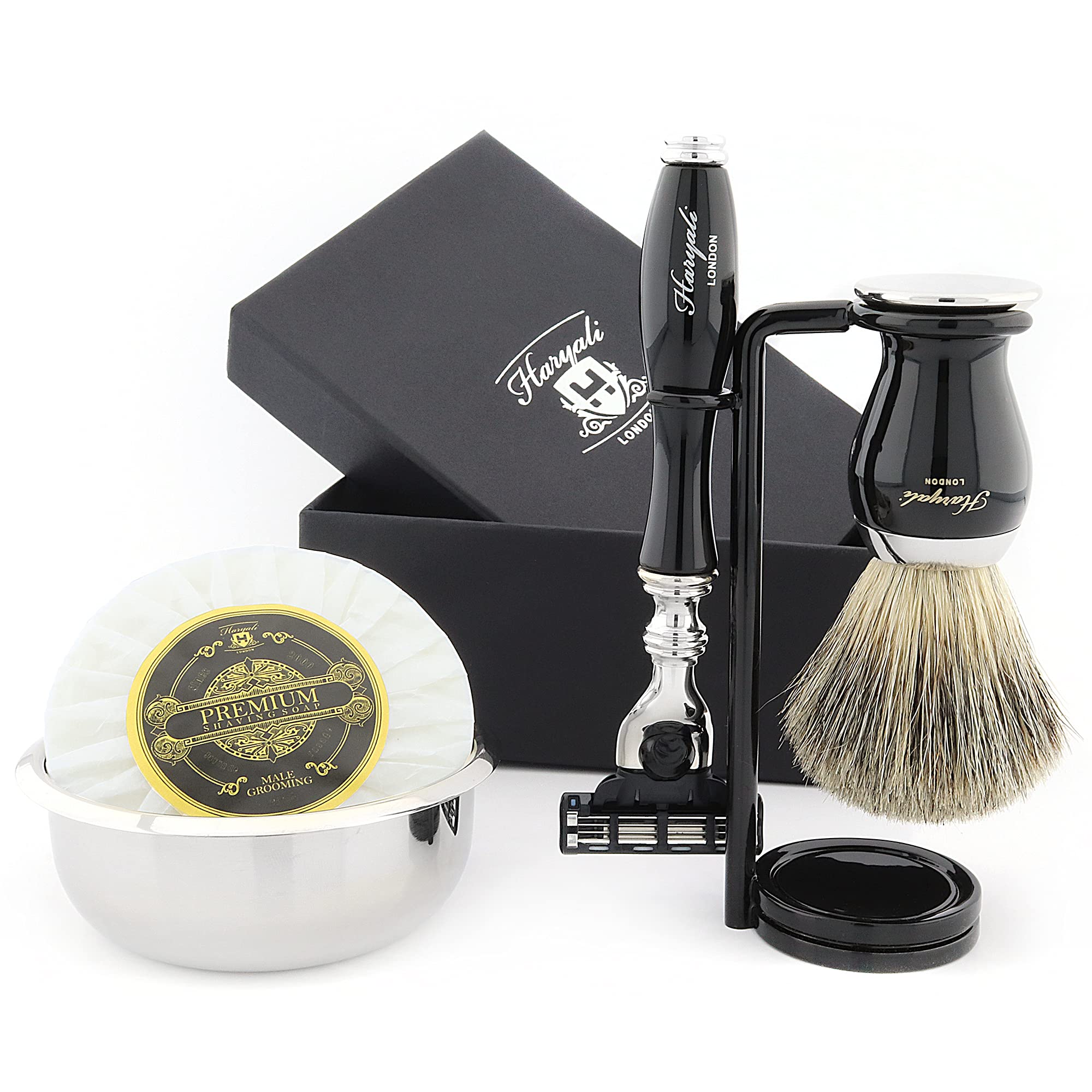 Haryali London 4 Pc Mens Shaving Kit 3 Edge Razor with Black Badger Hair Shaving Brush, Stand and Stainless Steel Bowl Perfect Set for Men