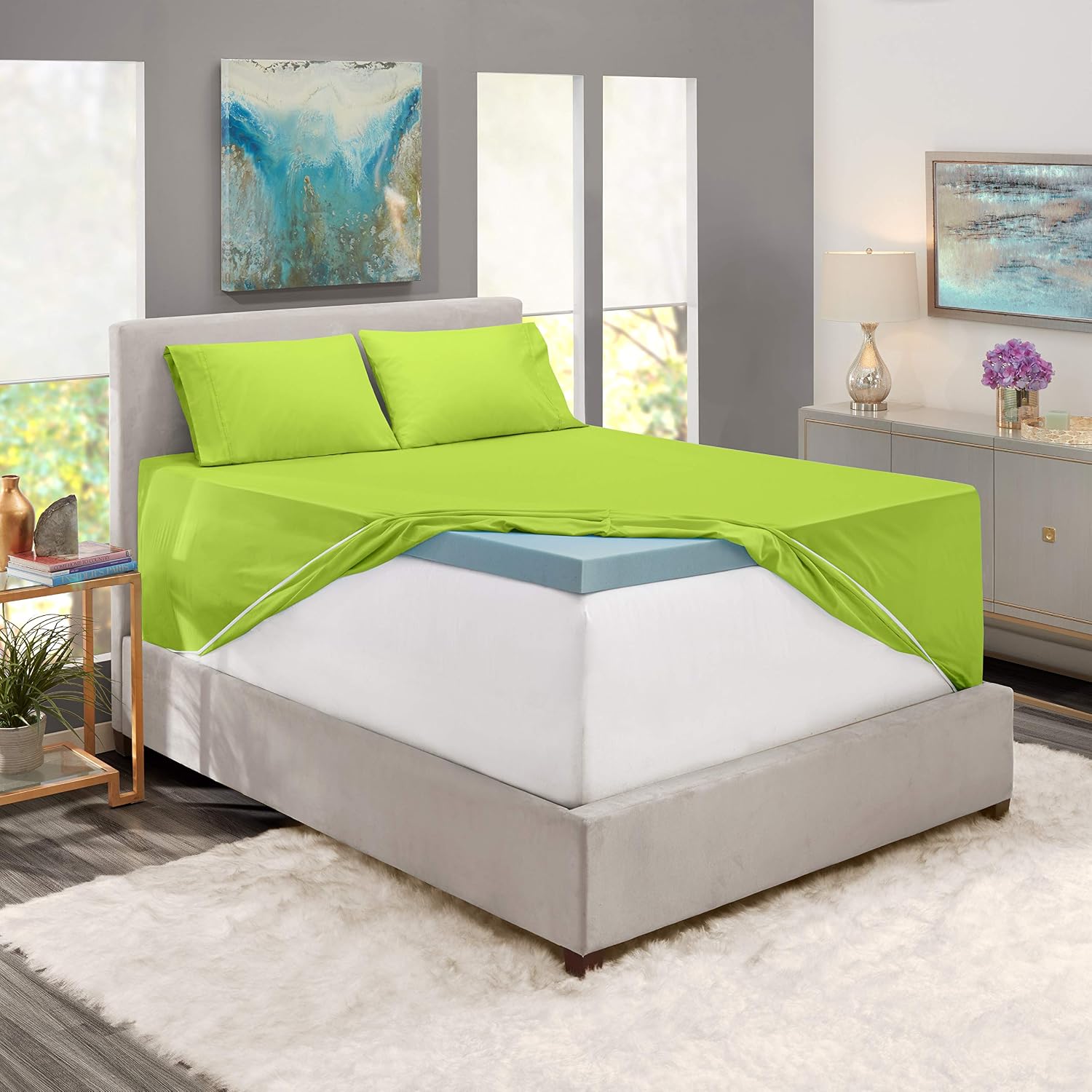 Nestl Extra Deep Pocket Sheets – Full Sized Deep Bed Sheet Set – Super Deep Pocket Sheets- 54 in x 75 in Deep Pocket Fitted Sheet Set 6pc – Garden Green/Green.