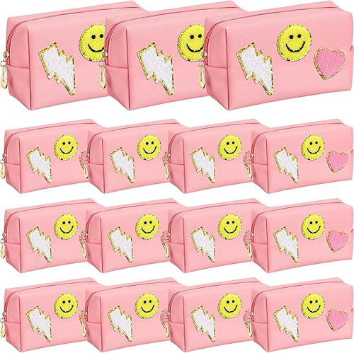 Miniatura 1 de Silkfly 15 piezas de parche Preppy bolsa de maquillaje de letras de chenilla bolsa de cosméticos bolsa de aseo sonrisa rayo corazón PU pequeño