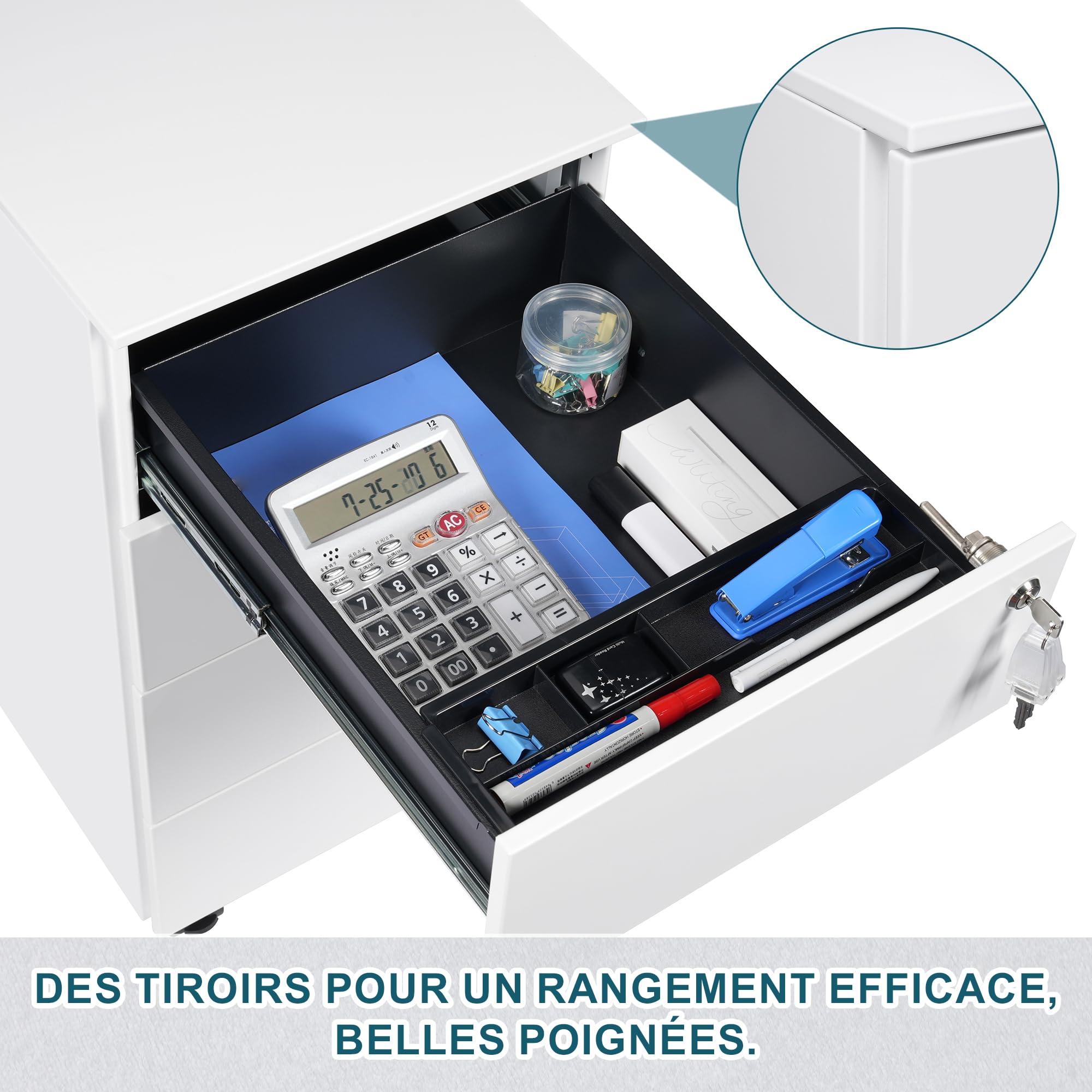 Caisson Bureau avec 4 Clés, Caisson de Rangement Mobile, Meuble Tiroir Bureau, Verrouillable, 4 Tiroirs, Travail, Bureau à Domicile