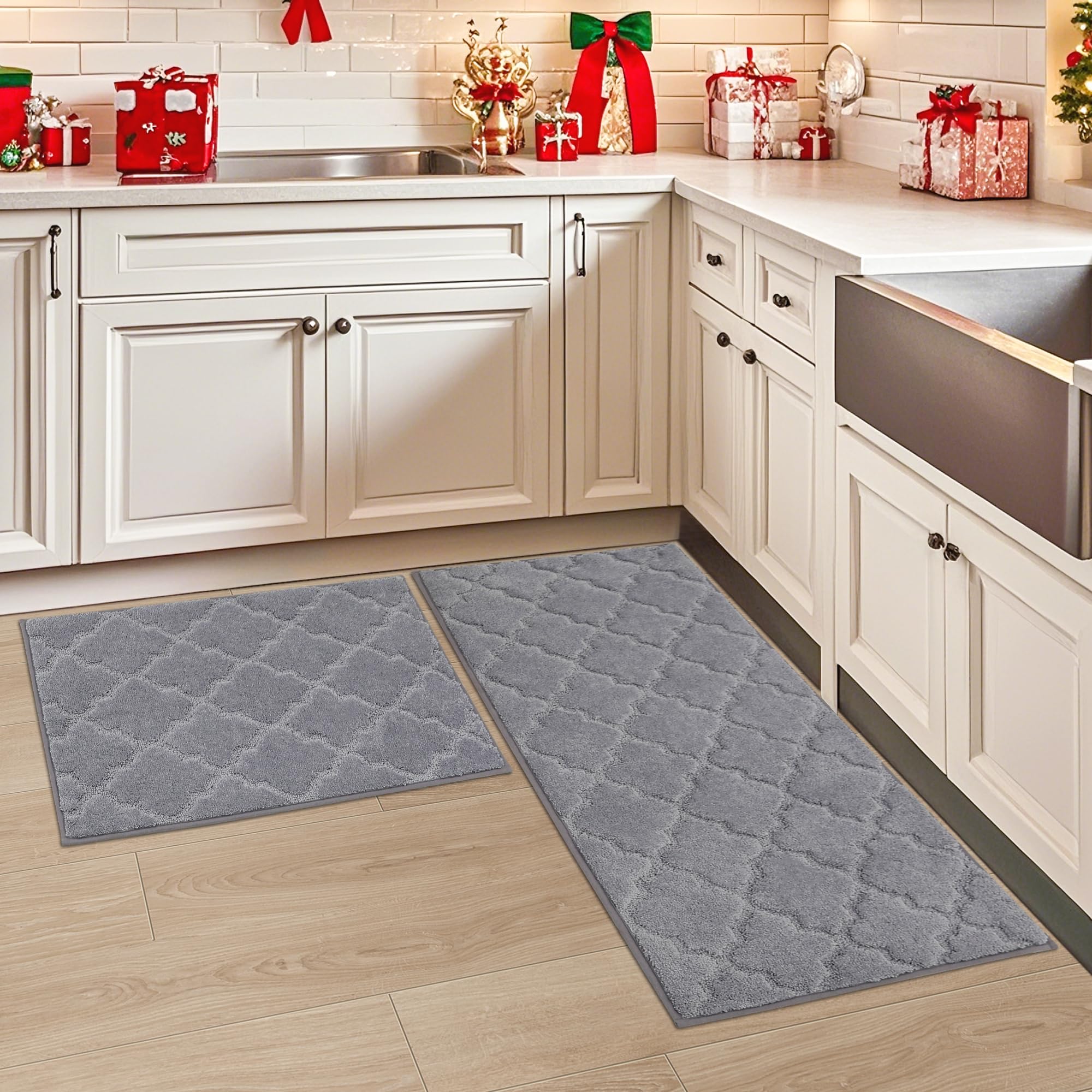 COSY HOMEER Alfombra de Cocina Antideslizante Lavable, Set de 2 Unidades (51 x 76 cm + 51 x 122 cm), Alfombra para Pasillo y Cocina, Ideal para Sala de Estar, Gris