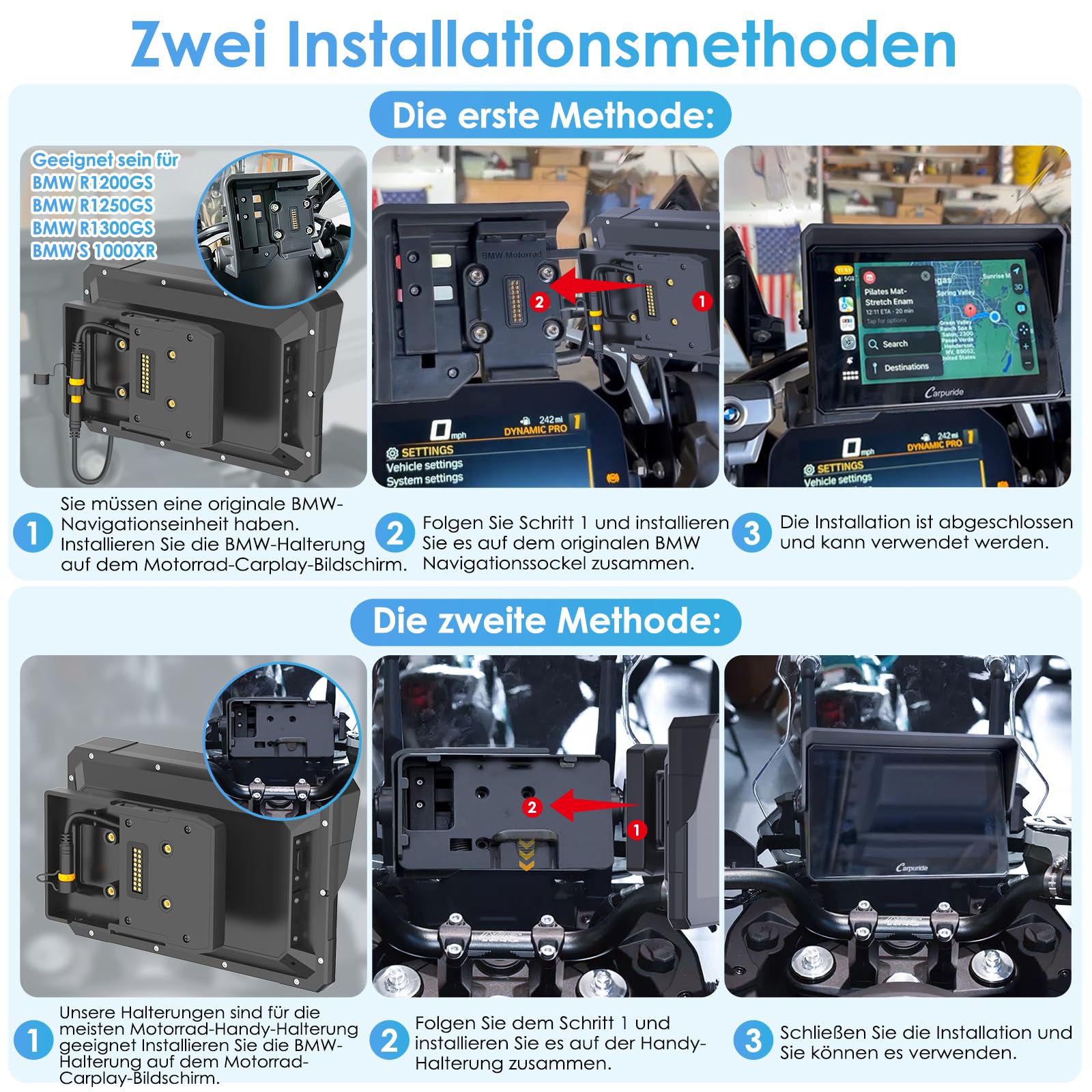 Carpuride W702B Motorrad GPS Carplay Bildschirm mit Design Halterung für BMW Motorräder, Kabelloses CarPlay und Android Auto, Tragbarer 7" Wasserdichter Touchscreen, Dual Bluetooth, Navigation, Siri.