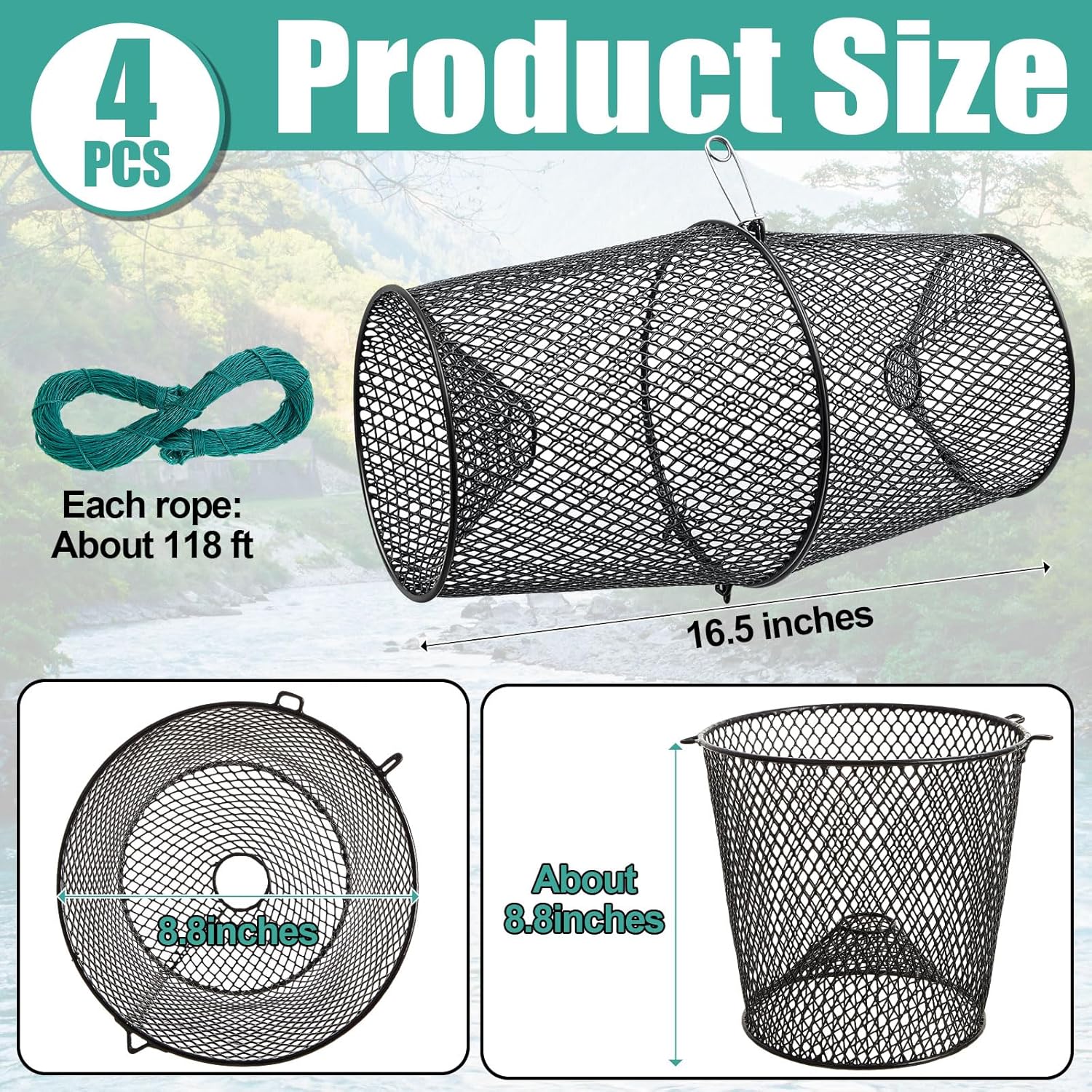 4 Set Minnow Trap Crawfish Trap with Closure Spring Clip and 4 Pcs Hand Ropes Fishing Trap for Crayfish Crawdad Lobster Crab Bait Metal Net Cage Crawfishing