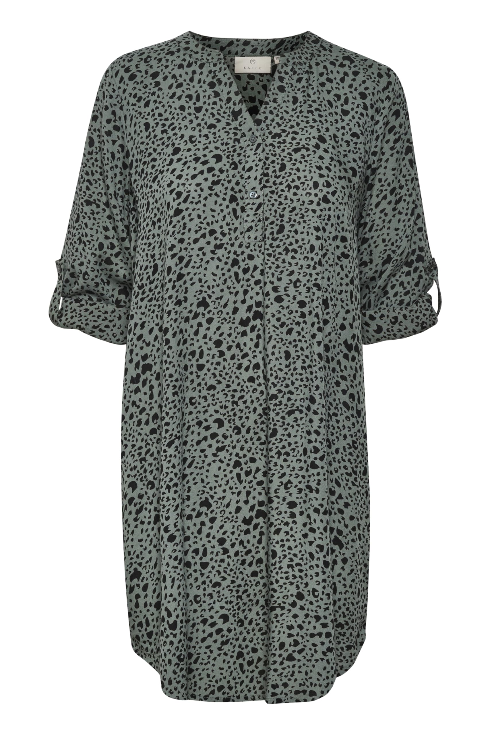 Kaffe Women's Balm Green/Black Leo Kamarana Dress Shirt Print Long Sleeves V-Neck Button Shirt Dress, 14