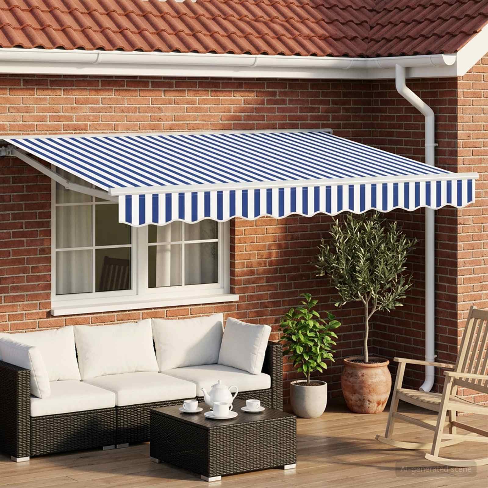 Qnhdfrt Markise 3 x 2,5 m Gelenkarmmarkise für Terrasse und Balkon, Manuell mit Kurbel, Blau und Weiß, Wandmontage, Halb-Kassette, Stahl und Aluminium Rahmen