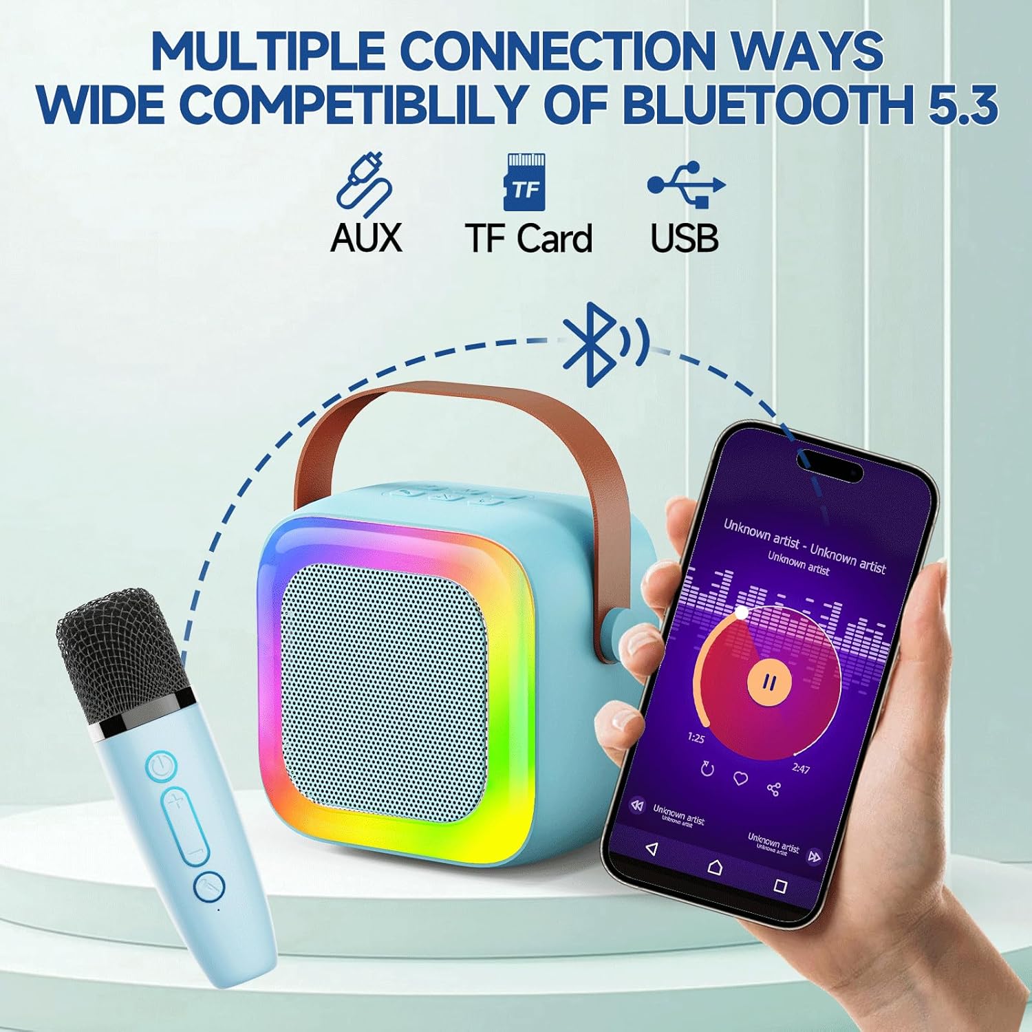 Mini Karaoke Machine for Kids Teen Adults, Kids Karaoke Machine with 2 Wireless Microphones and LED Lights Toys for Party, Home, Gifts for 4 5 6 7 8 9 10 11 12+ Years Girls Boys(Blue) - Image 5