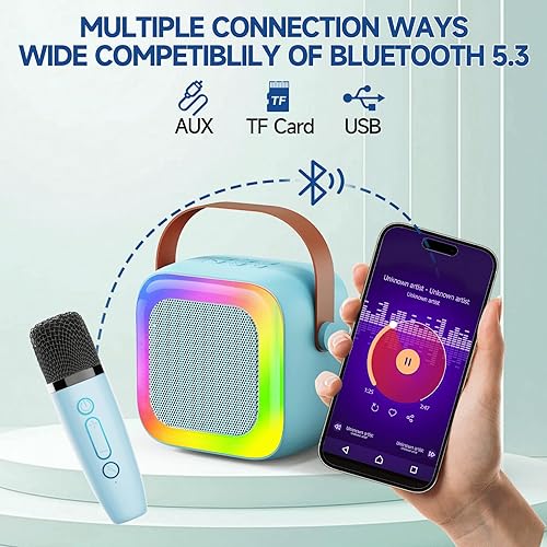 Miniatura 5 de Mini máquina de karaoke para niños, adolescentes y adultos, máquina de karaoke para niños con 2 micrófonos inalámbricos y luces LED, juguetes para